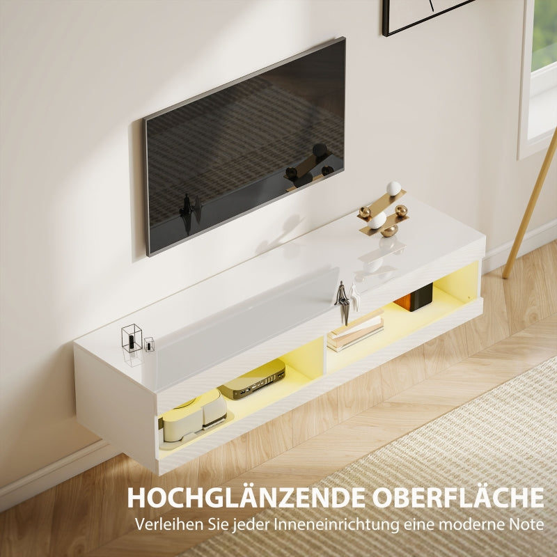 TV Cabinet 140cm Wall-Mounted Lowboard RGB LED Lighting Open Storage High-Gloss White