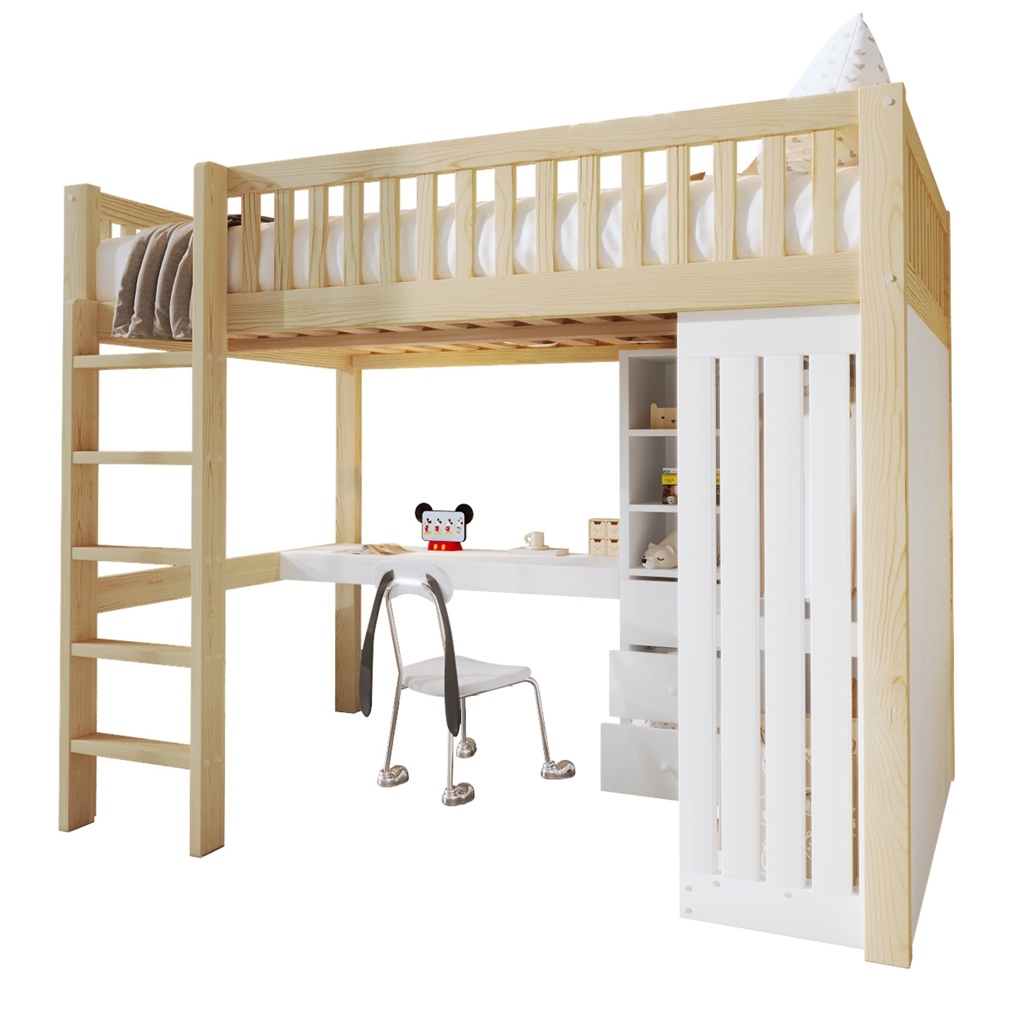 Loft Bed with Desk, Wardrobe and 3 Drawers, Natural