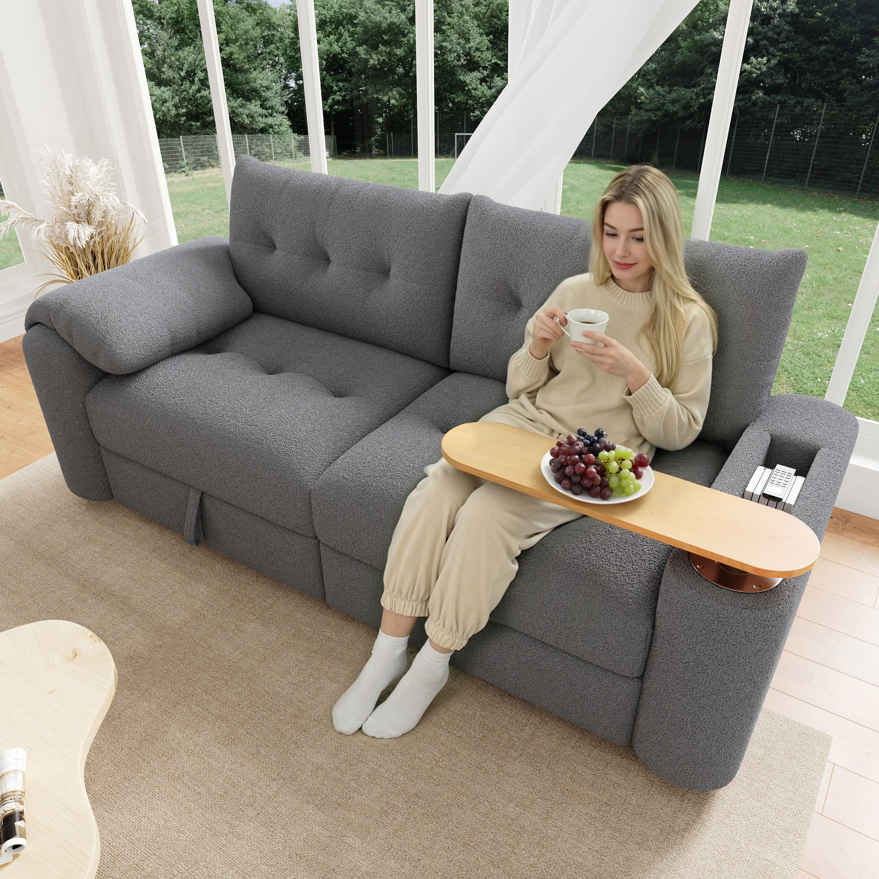 Teddy Plush Sofa, 3-Seater Modular Sofa Bed with Storage and Side Table, Gray