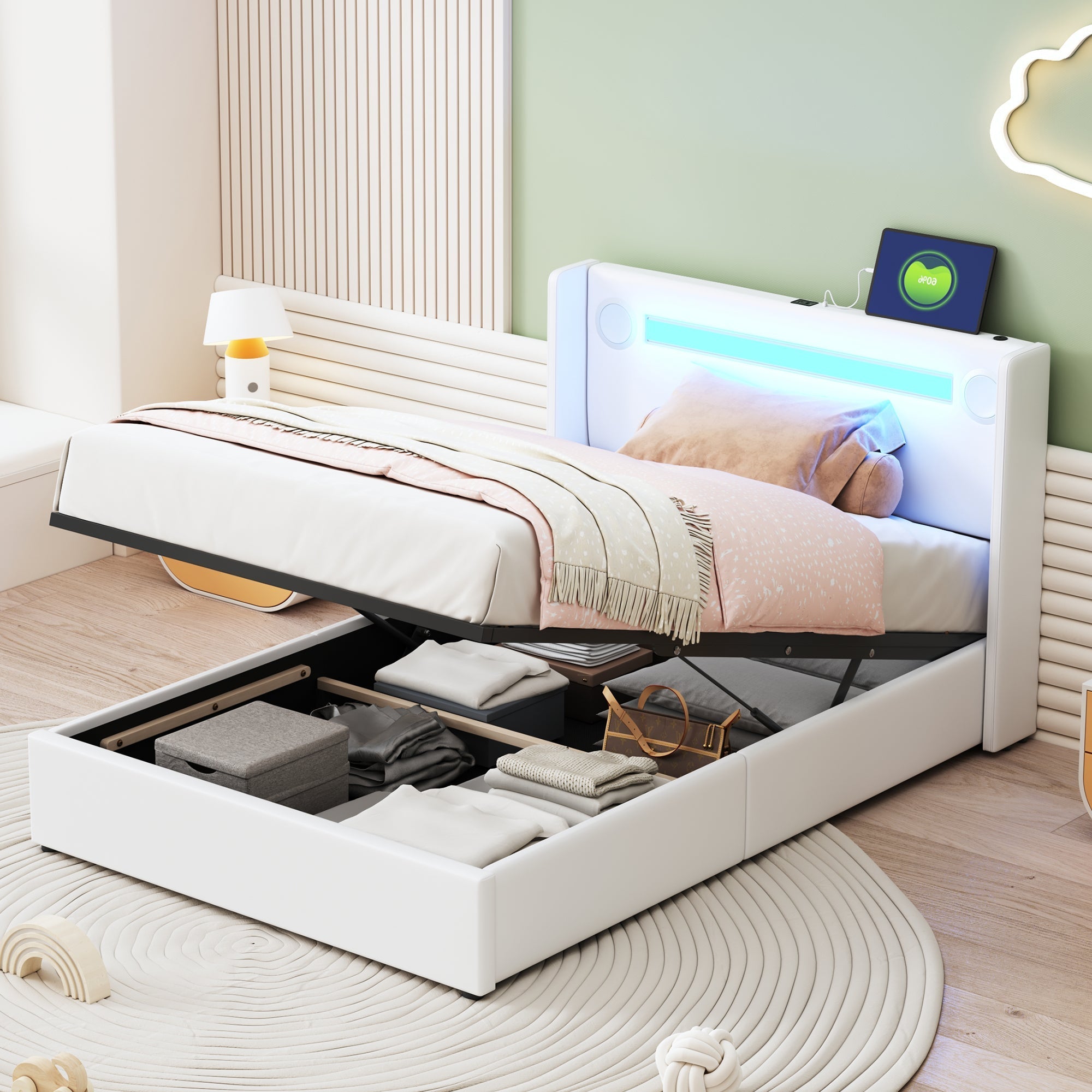 Upholstered Bed with LED Lights, Bluetooth Player, USB Ports and Hydraulic Storage, White PU Leather