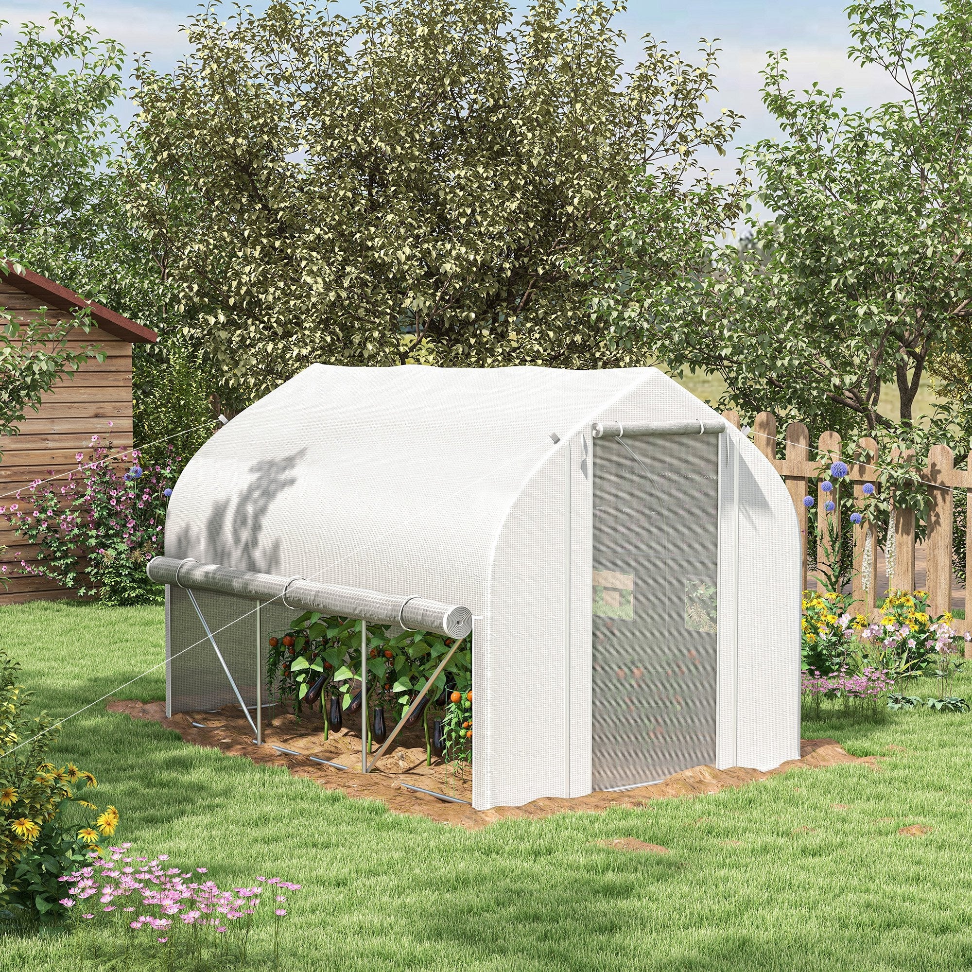 3 x 2(m) Walk-in Polytunnel Greenhouse, Zipped Sidewalls, 6 Mesh Windows, White PE Cover