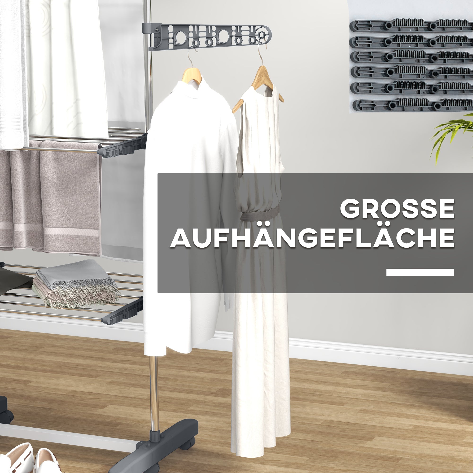 Clothes dryer tower, 3 levels foldable with side wings, steel gray