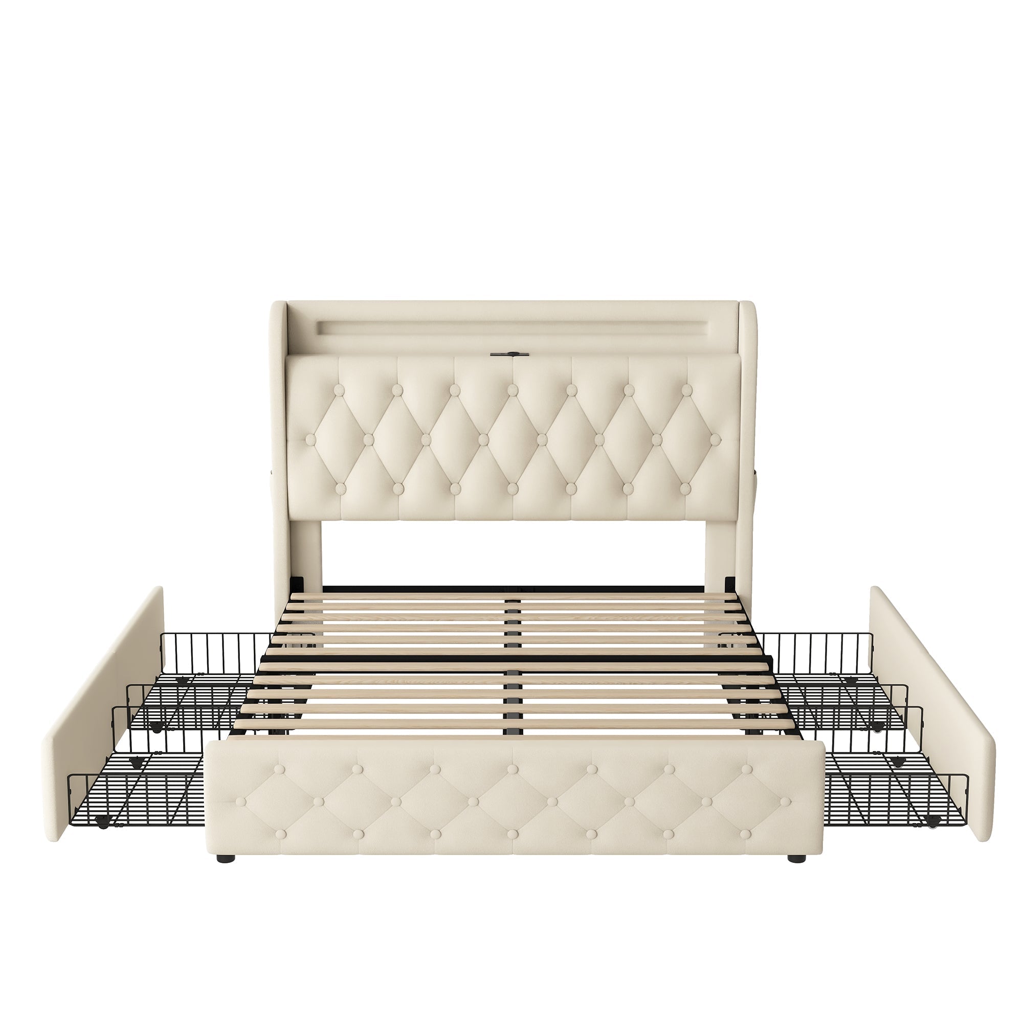 Upholstered Bed 140x190cm LED USB Headboard Storage 4 Drawers - Velvet