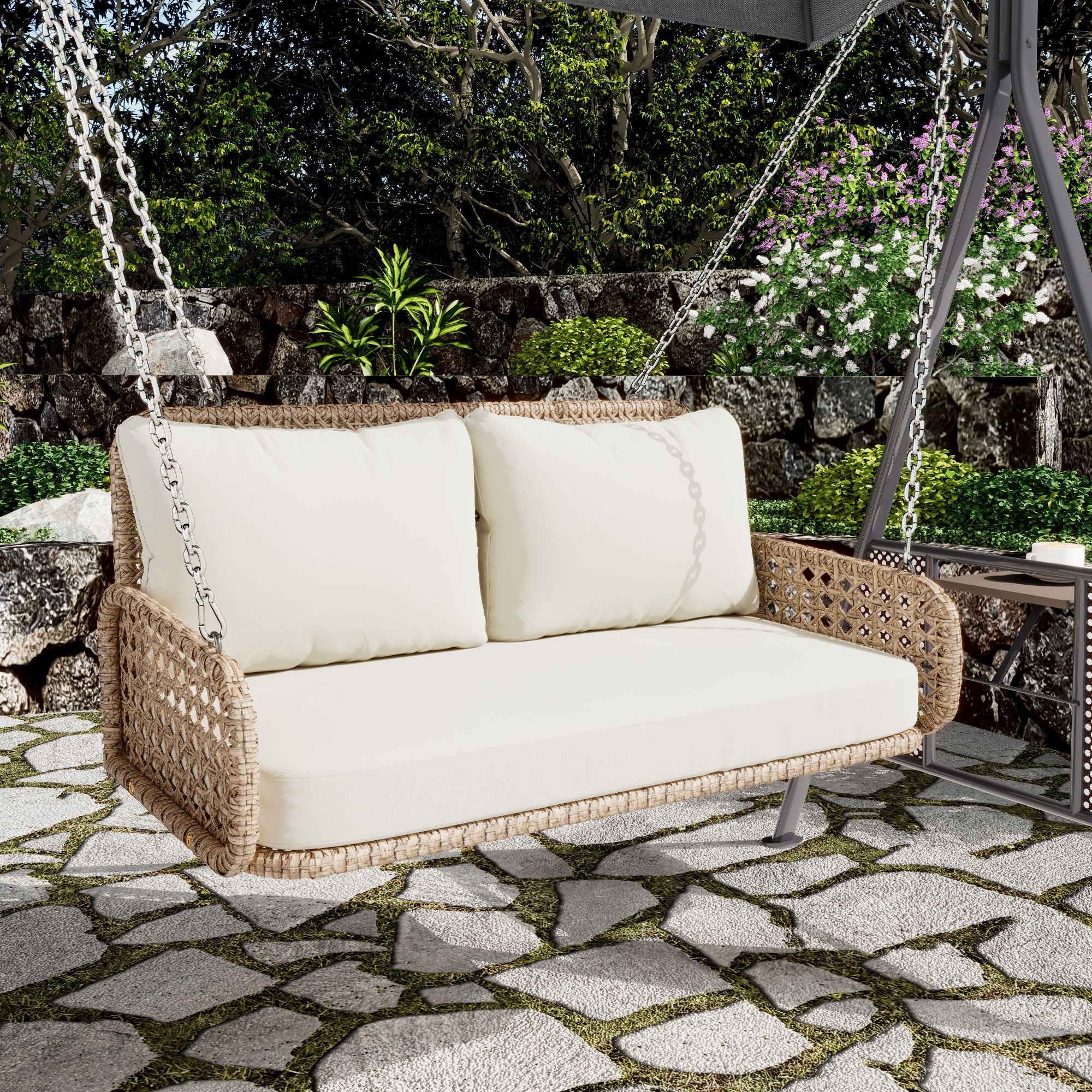 PE Rattan Double Swing Seat with Cushions and Chains, 320kg Capacity, Beige