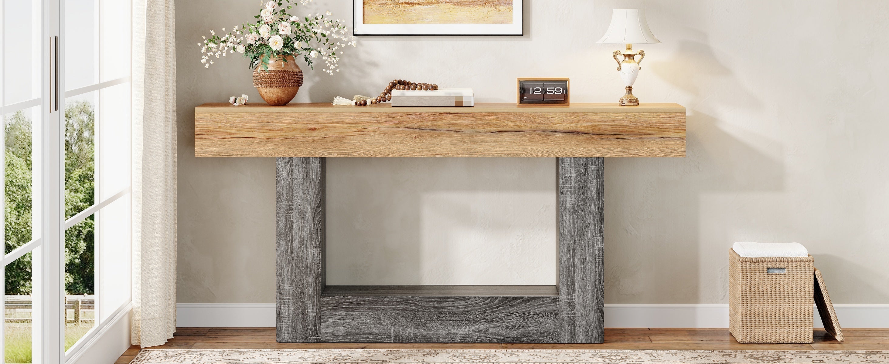 Two-Tone Console Table with Storage Shelf and Thick Tabletop, Wood Look Chipboard