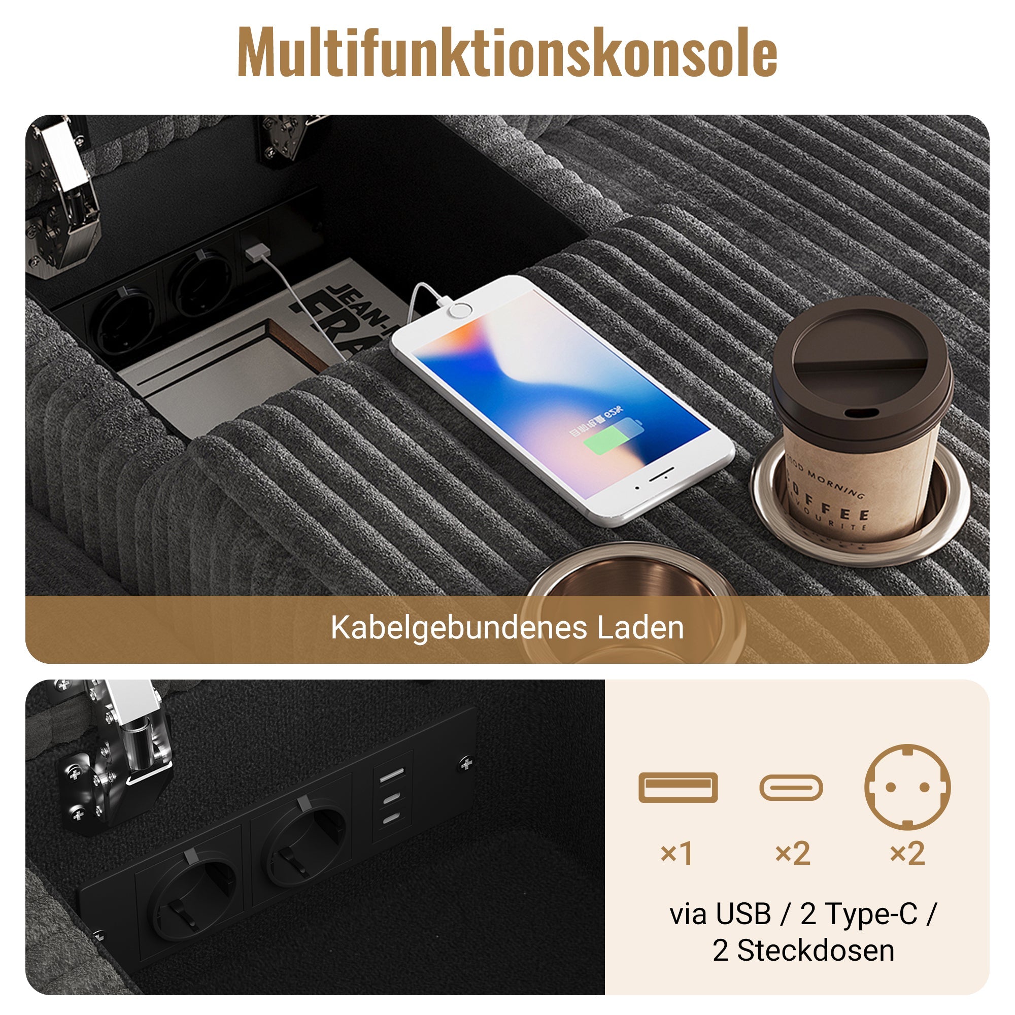 U-shaped Sofa with Storage Footstools Coffee Table USB Power Corduroy Grey