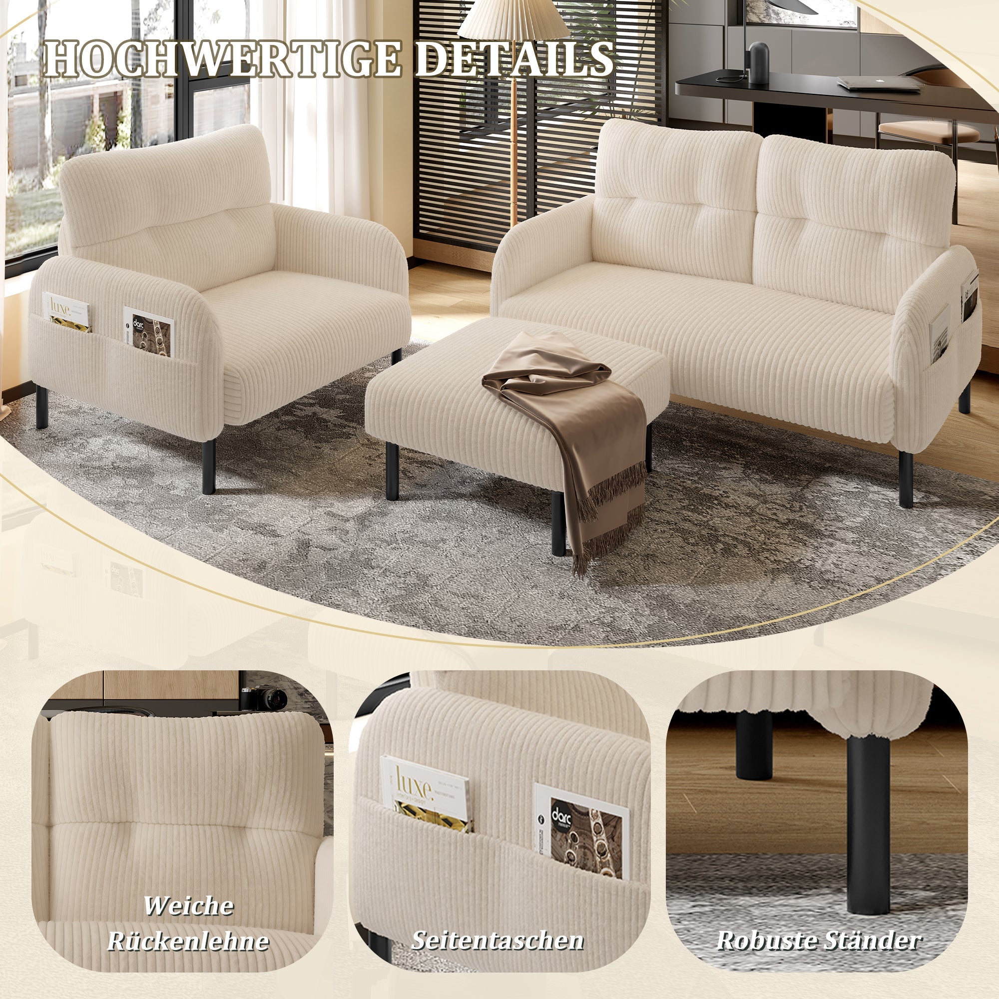 Cord 3-Piece Set Armchair Footstool 2-Seater Sofa Modular Deep Seat, Beige