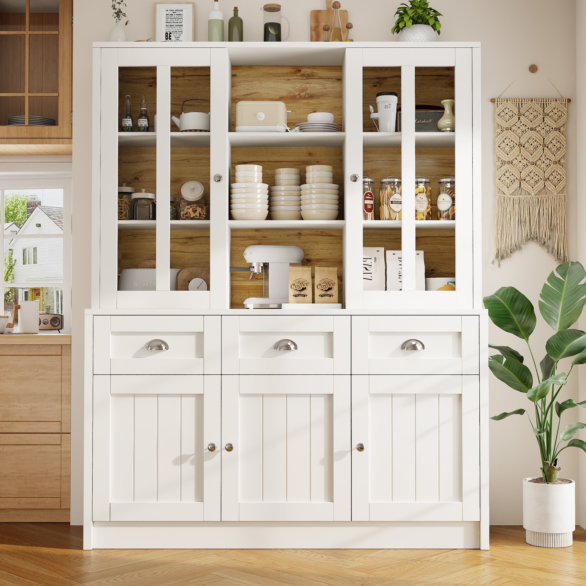 Modern Minimalist Tall Display Cabinet 140x175cm with Drawers White
