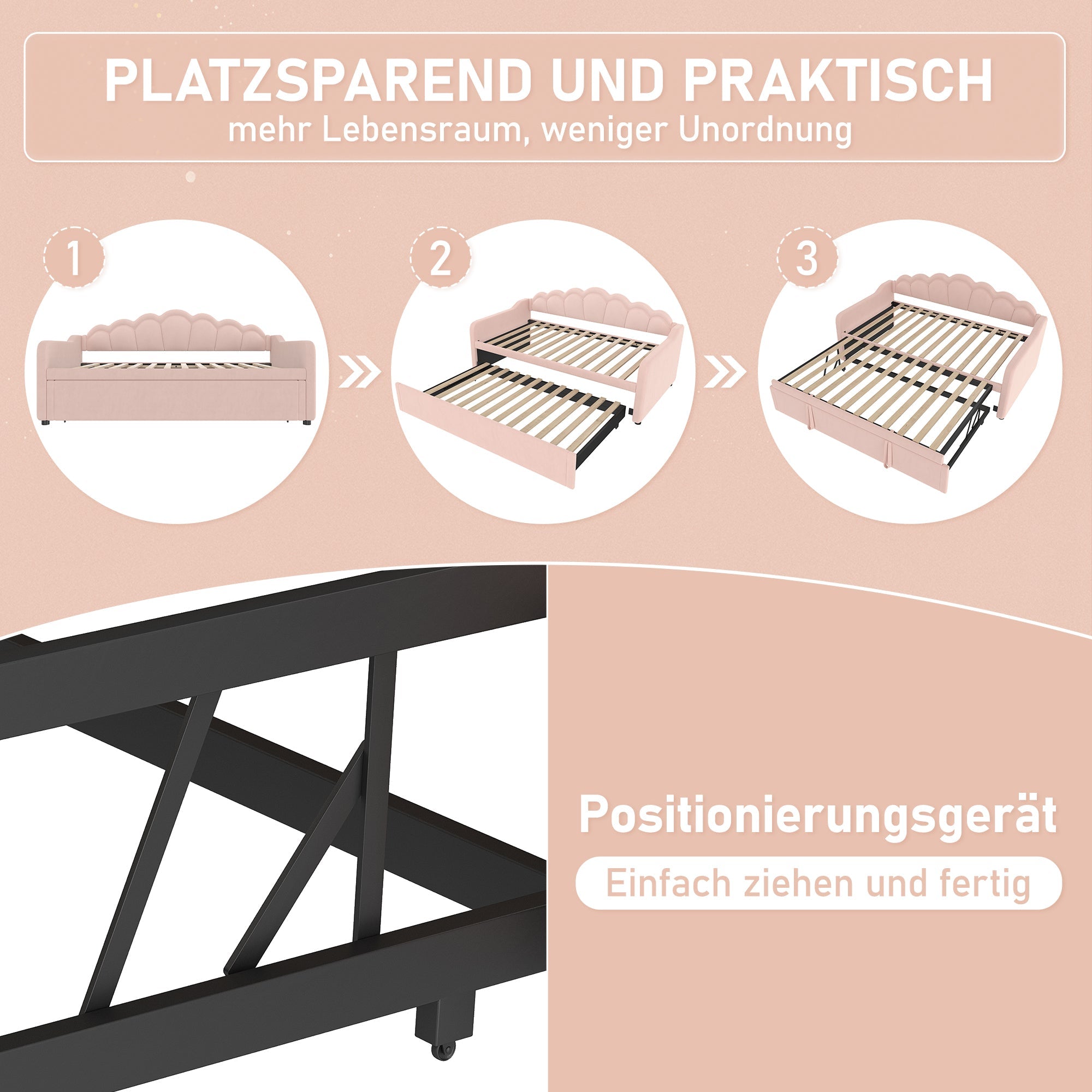 Daybed Sofa Bed Pull-out Bed LED Strip 90/180x200cm - Velvet Pink