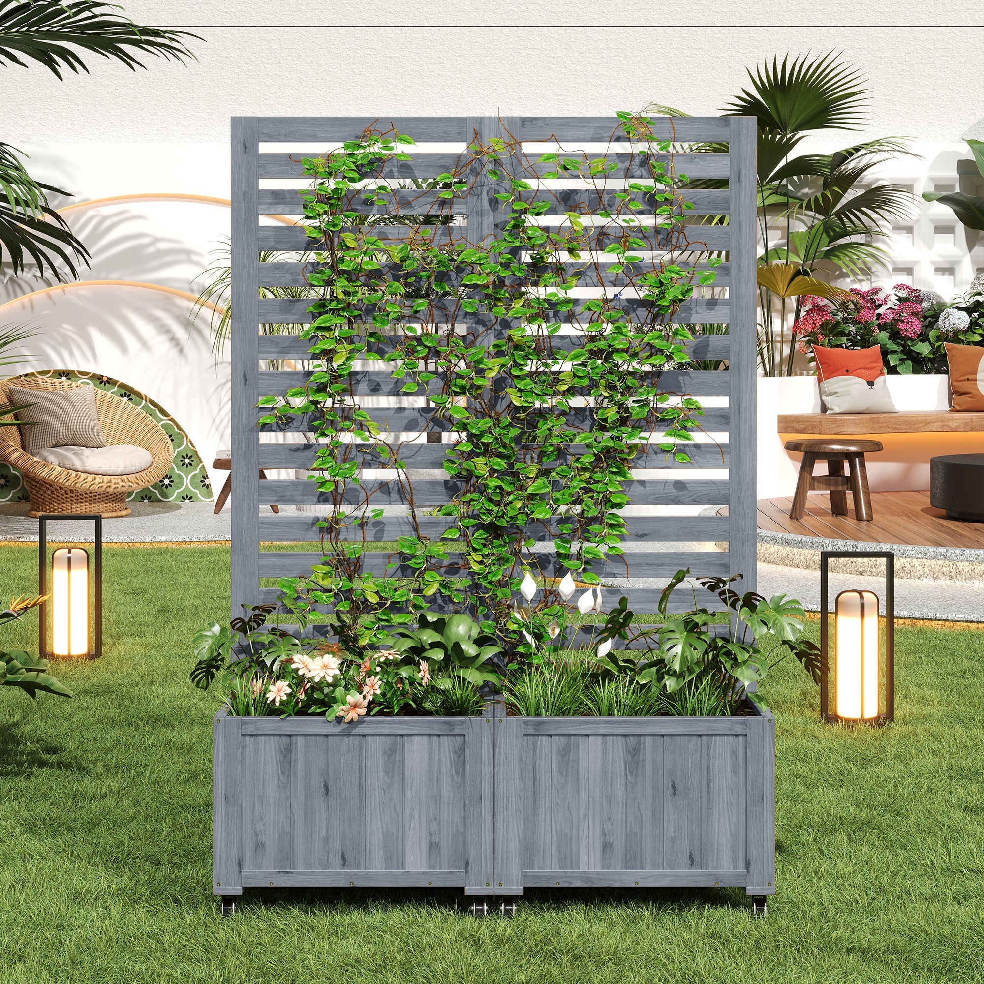 Outdoor Planter with Trellis and Universal Wheels, Grey Wood