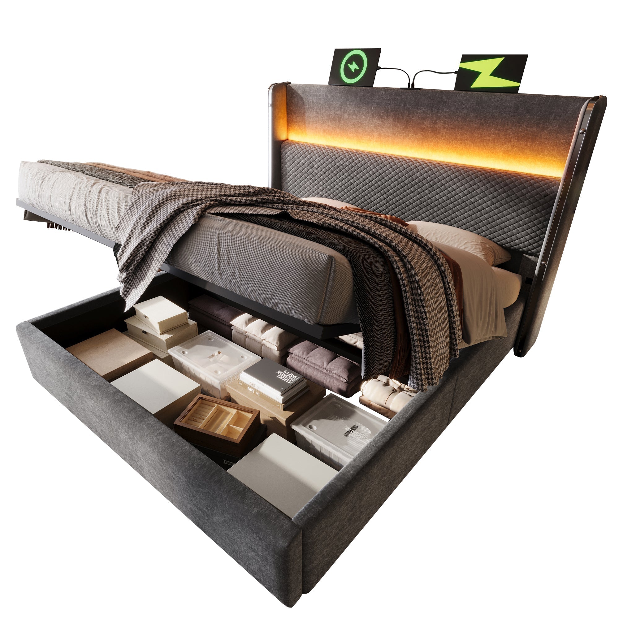 Hydraulic Double Bed, 140x200cm High Headboard LED Storage USB/Type-C, Linen Look Grey