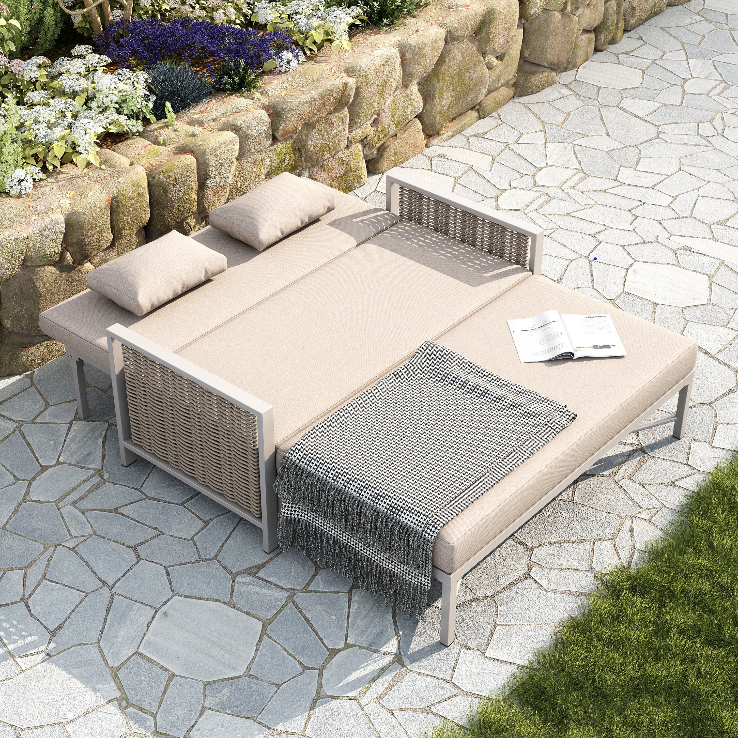 Outdoor Daybed with Adjustable Backrest and Retractable Footrest, Khaki and Beige