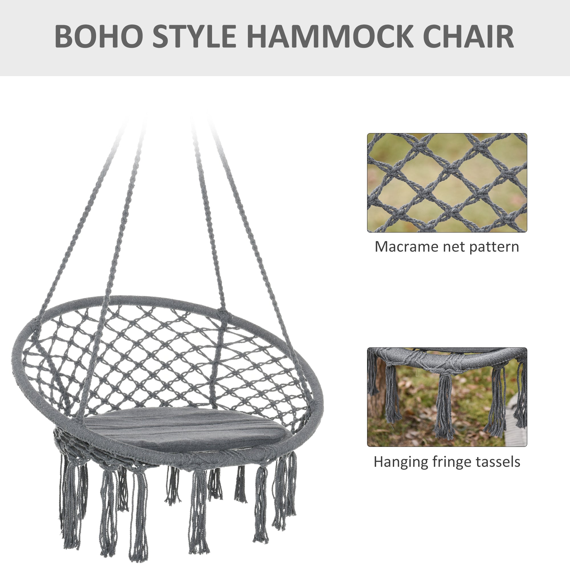 Macrame Hanging Rope Chair with Cushion and Fringe Tassels, Cotton-Polyester Blend, Grey