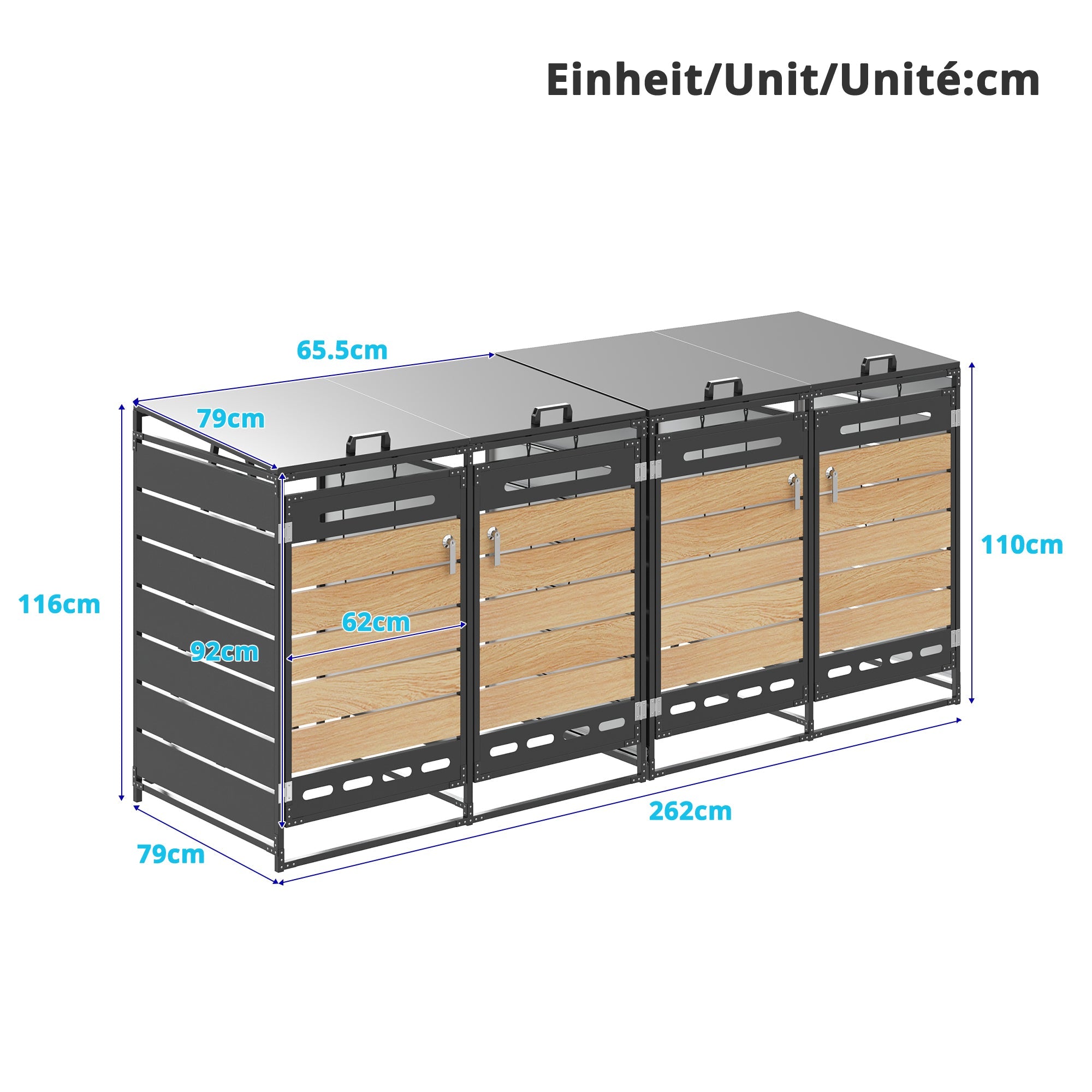 4-Bin Storage Unit with Hydraulic Lids and Slotted Ventilation, Iron and Wood-Look Cladding