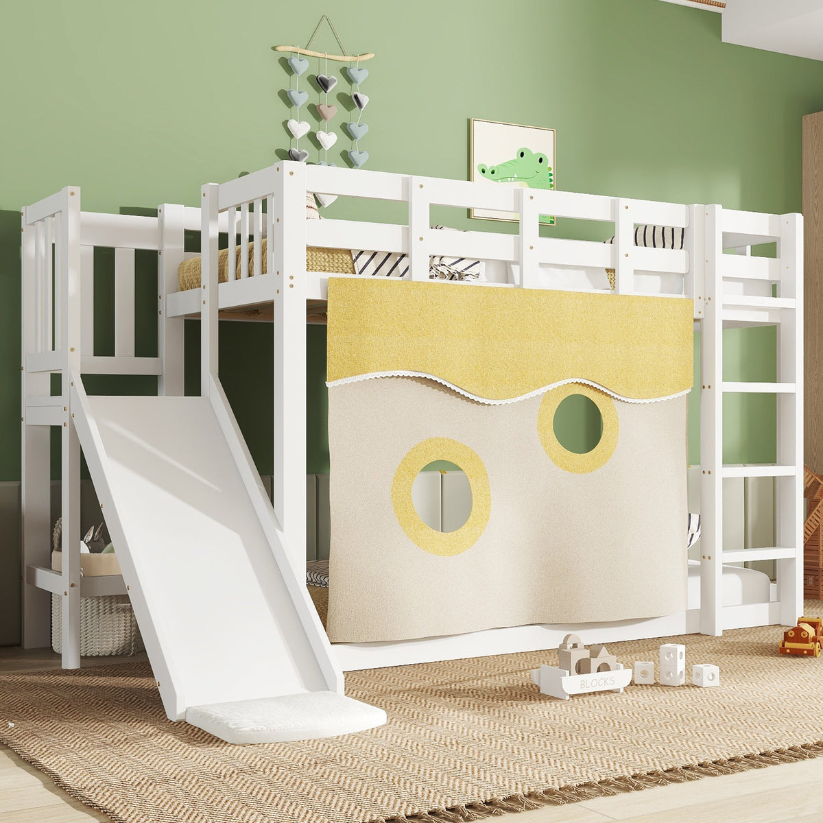 Bunk Bed 90x200cm with Stairs Slide and Curtain - White MDF/Pine