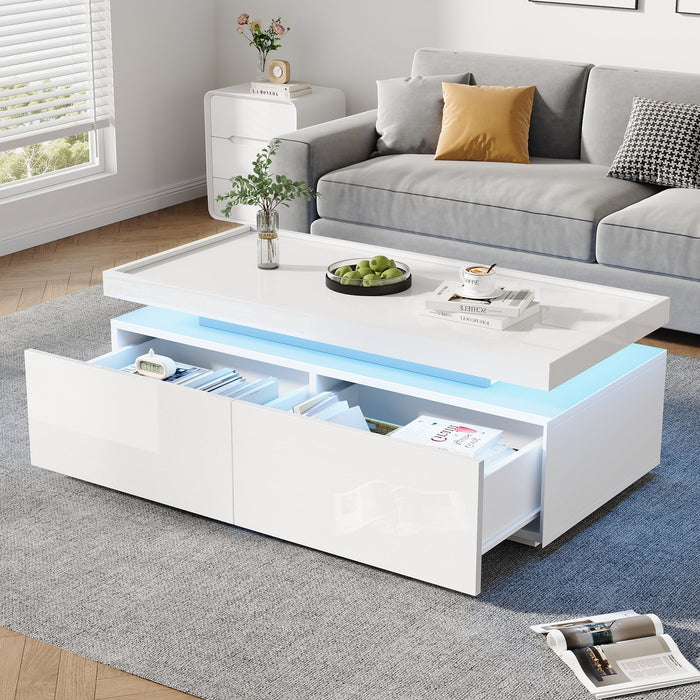 Coffee Table LED High-Gloss with 2 Drawers Geometric Design White