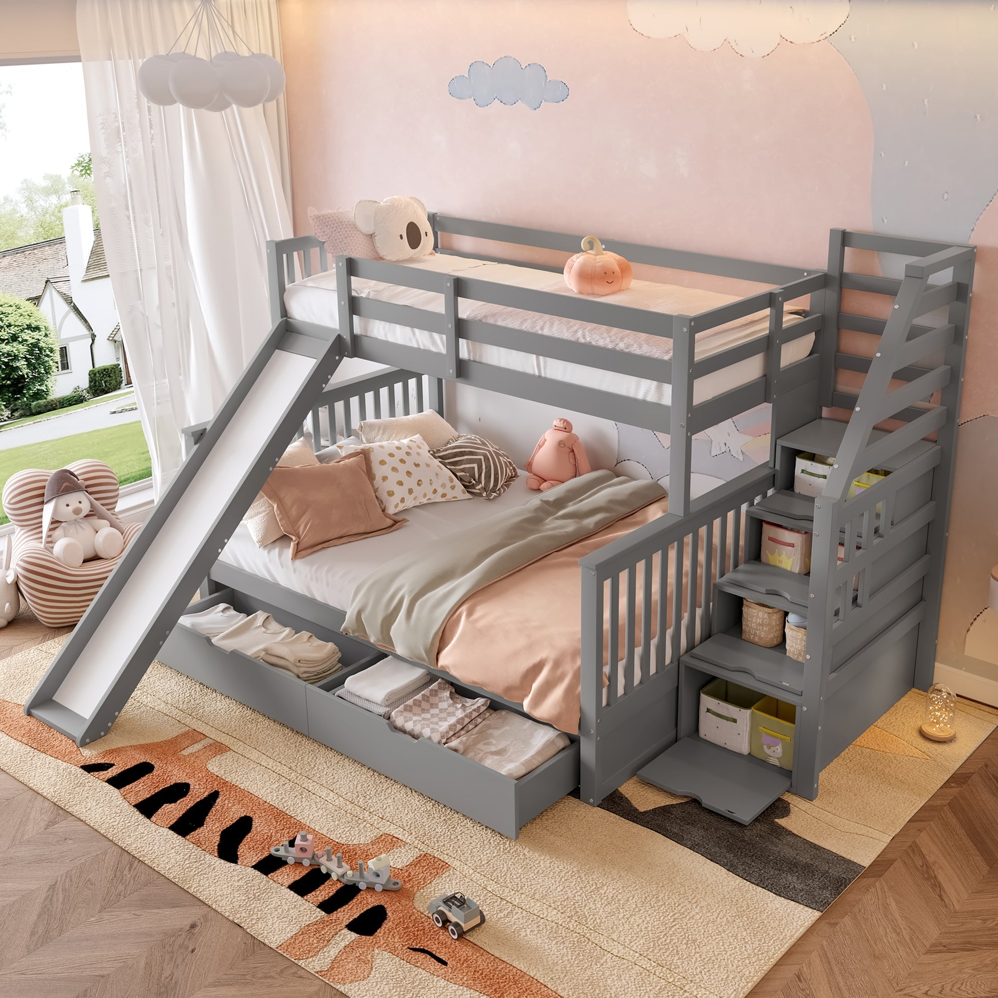 Bunk Bed 90x200 Over 140x200 With Storage Drawers & Slide Grey
