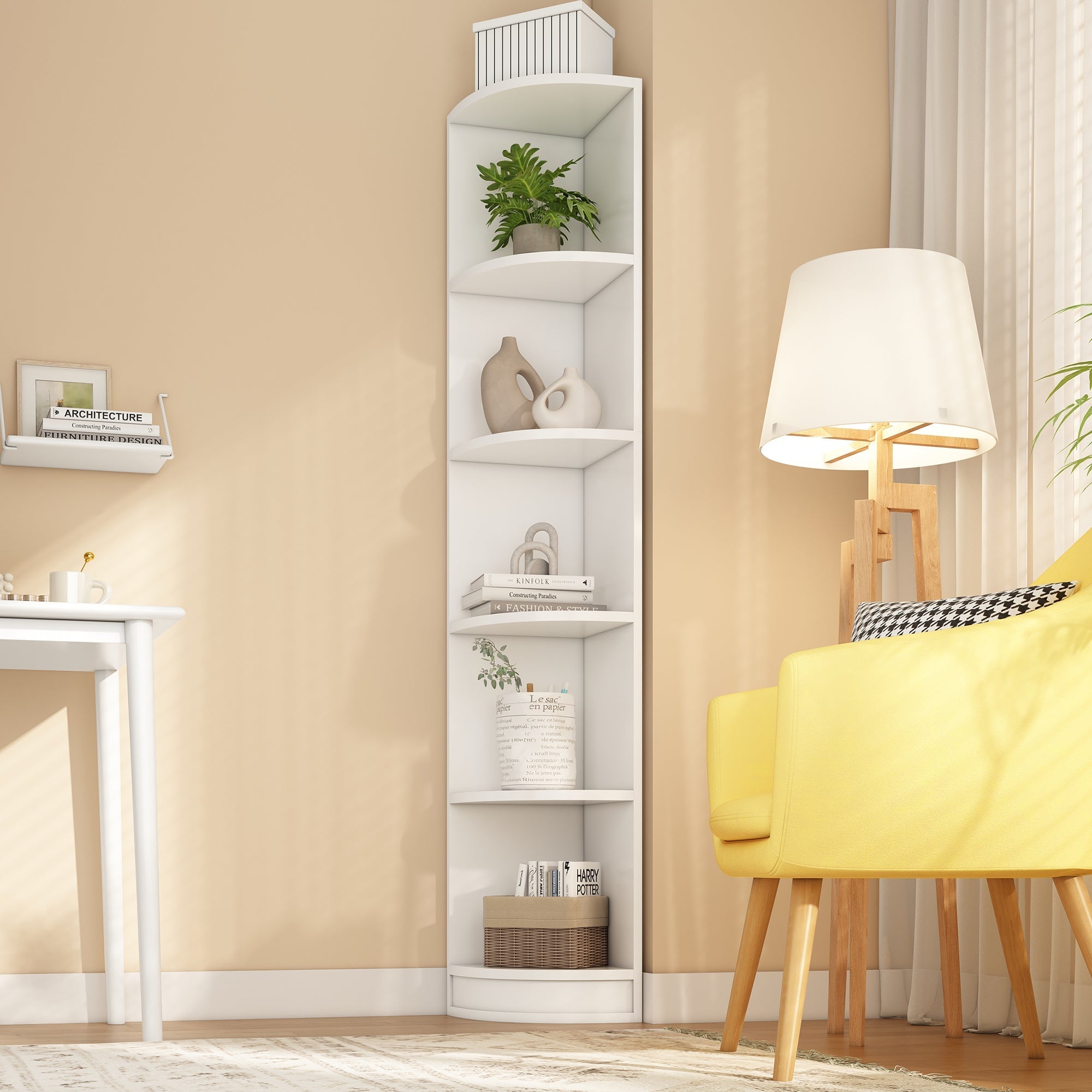 Corner Bookcase 5-Tier Storage MDF - White