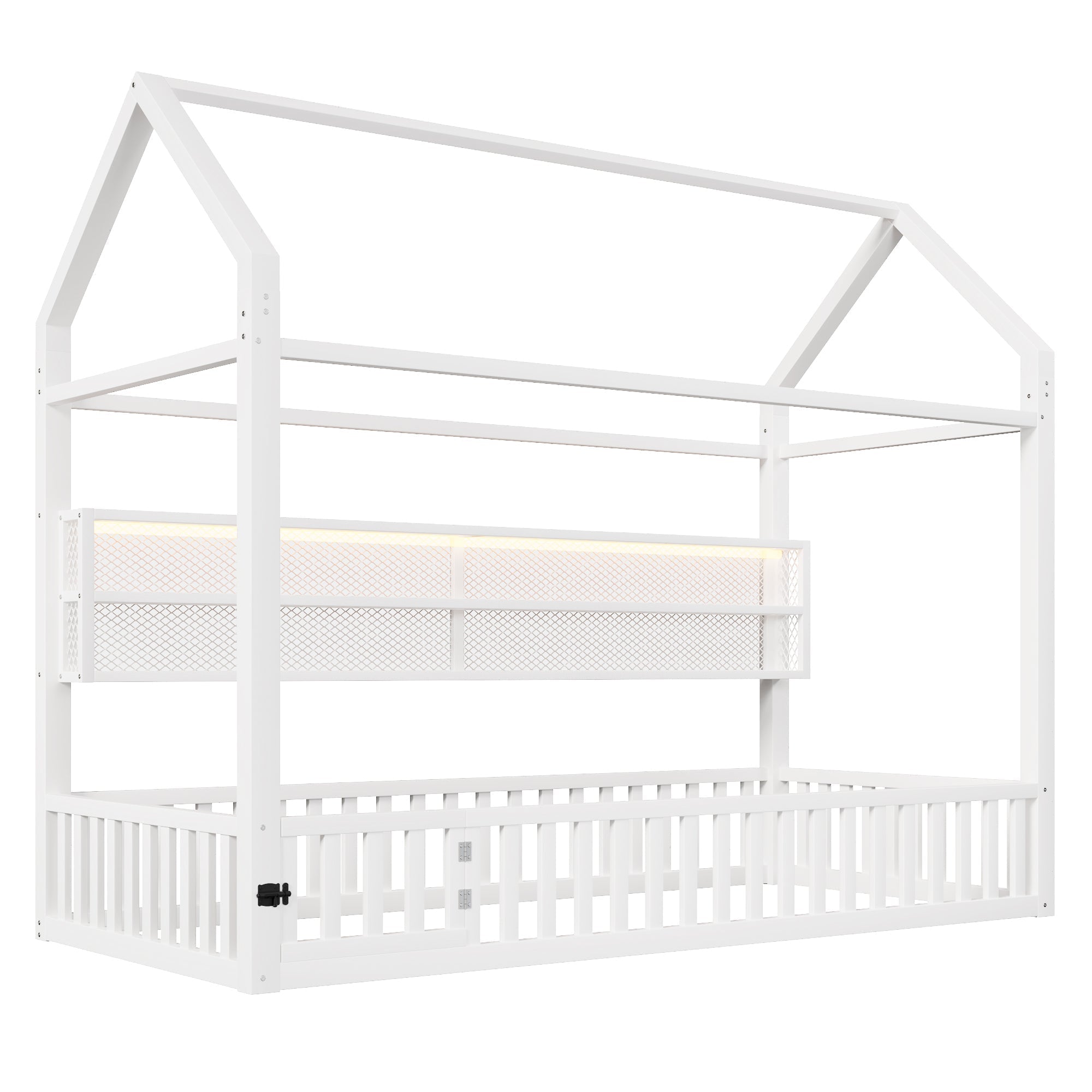 House-Shaped Platform Bed with Fence and LED Lighting, 90x200cm, White Metal
