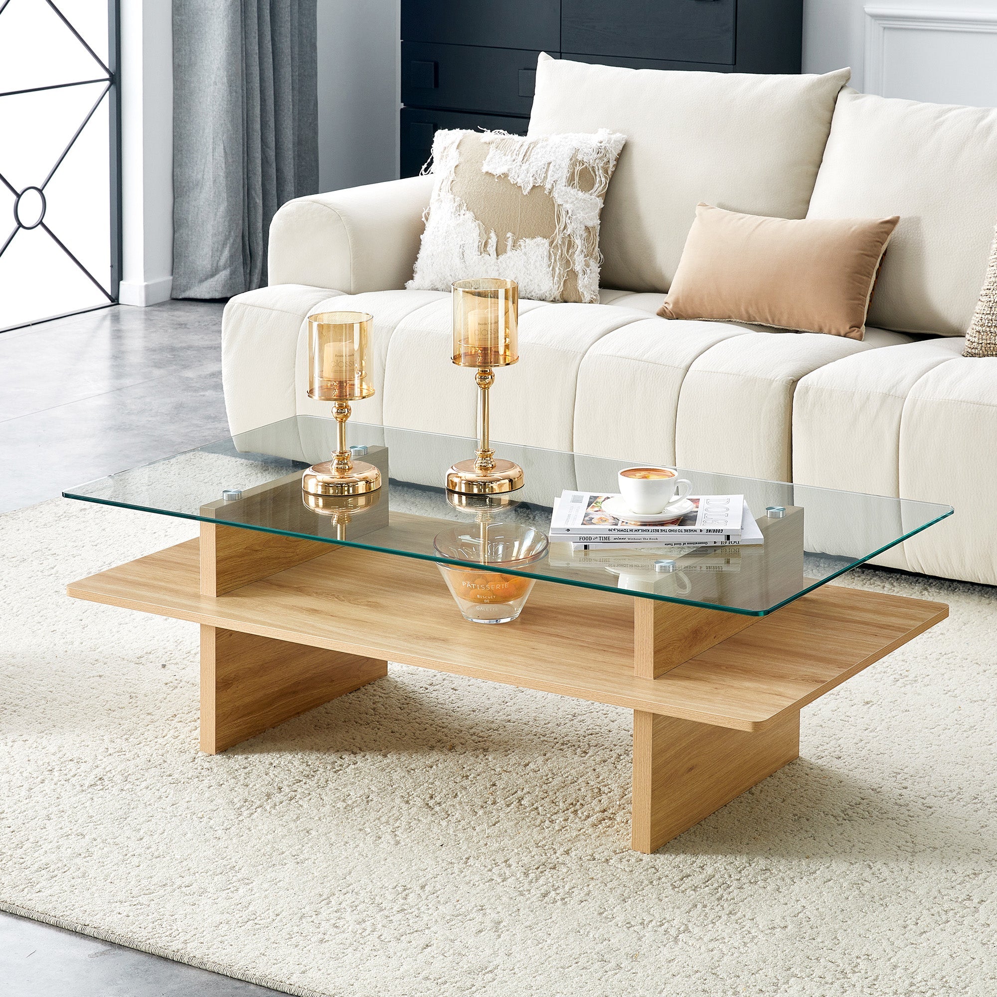 Two-Layer Coffee Table with Tempered Glass and Sturdy MDF Frame, Natural Wood Finish