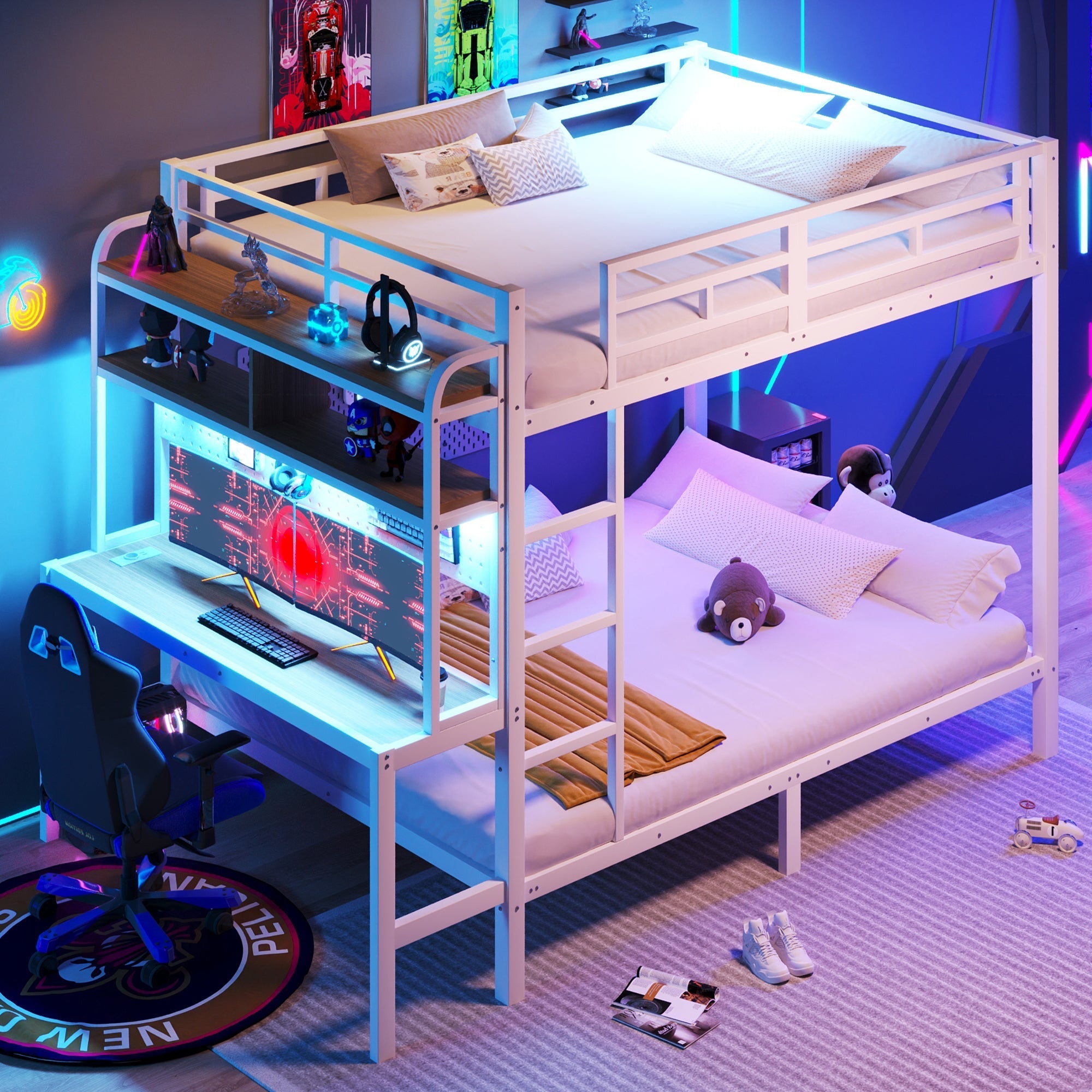 Bunk Bed 140x200cm Iron Frame Desk Storage LED Light USB White