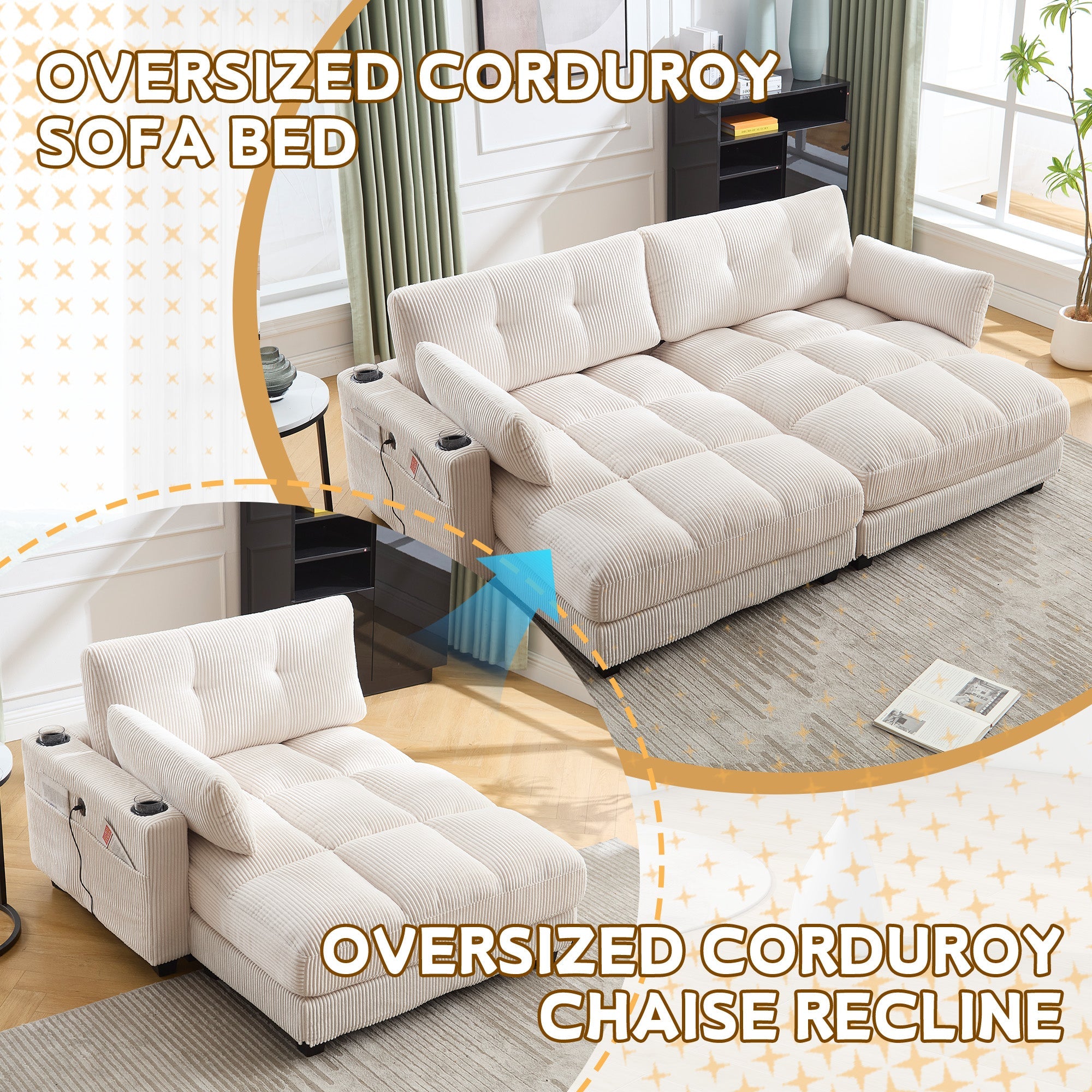 Palm Chair, Fluffy Striped Upholstery with Rolling Cushions & Side Pocket, Beige