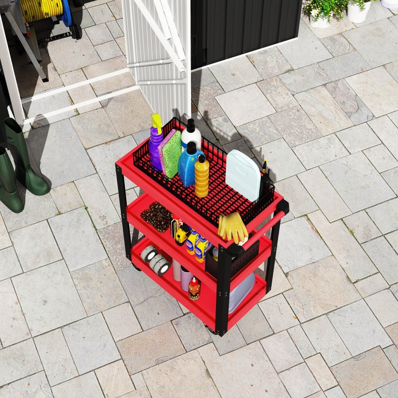 Tool Trolley 3 Levels, 120 kg Load Capacity, Metal Frame, Red