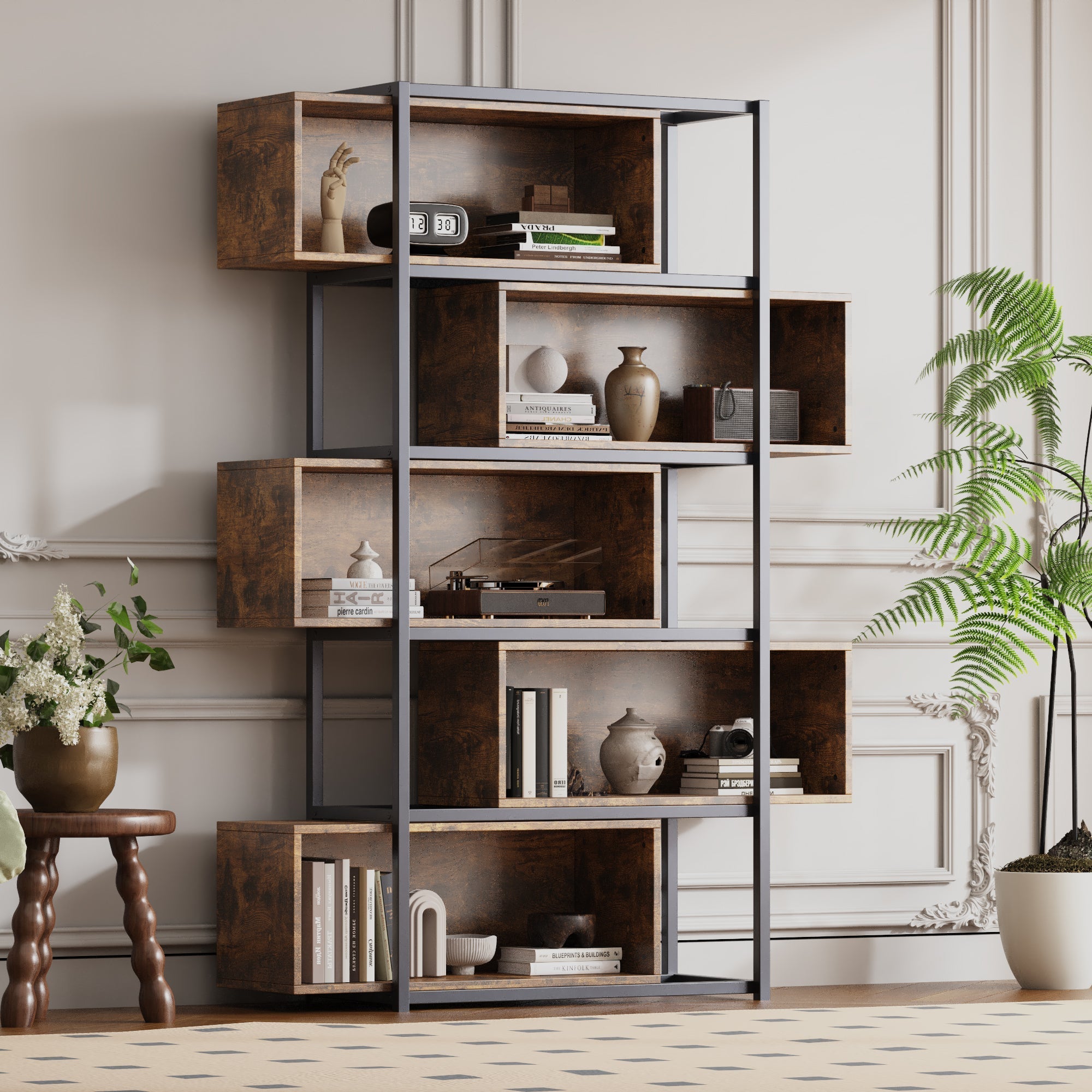 Bookshelf, 5 Tier with Shelves, Brown Wood Grain & Black Steel