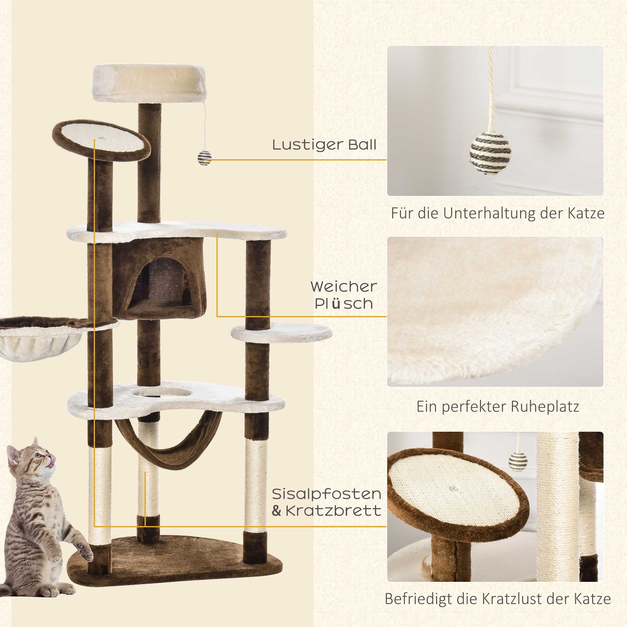 Scratching Post XXL Cat Tree 153cm Hammock Plush Brown