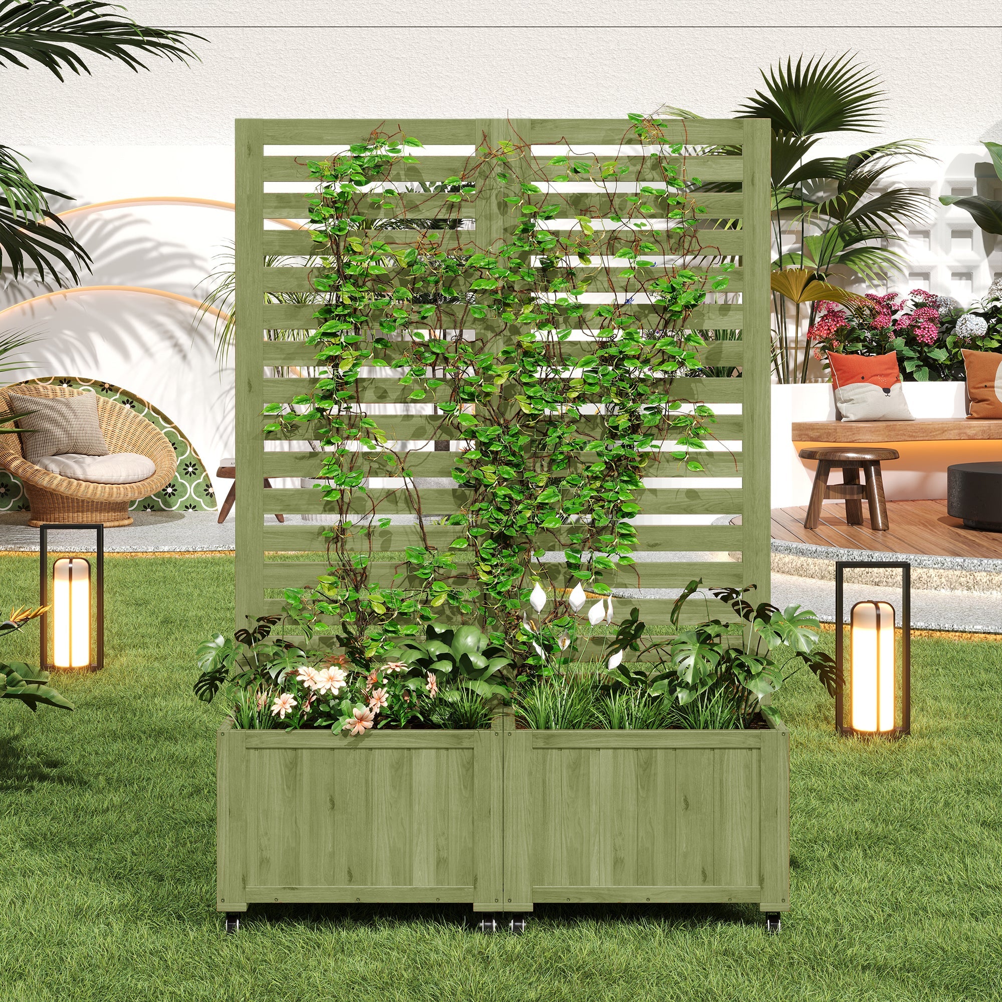 Outdoor Planter Box with Trellis and Folding Universal Wheels