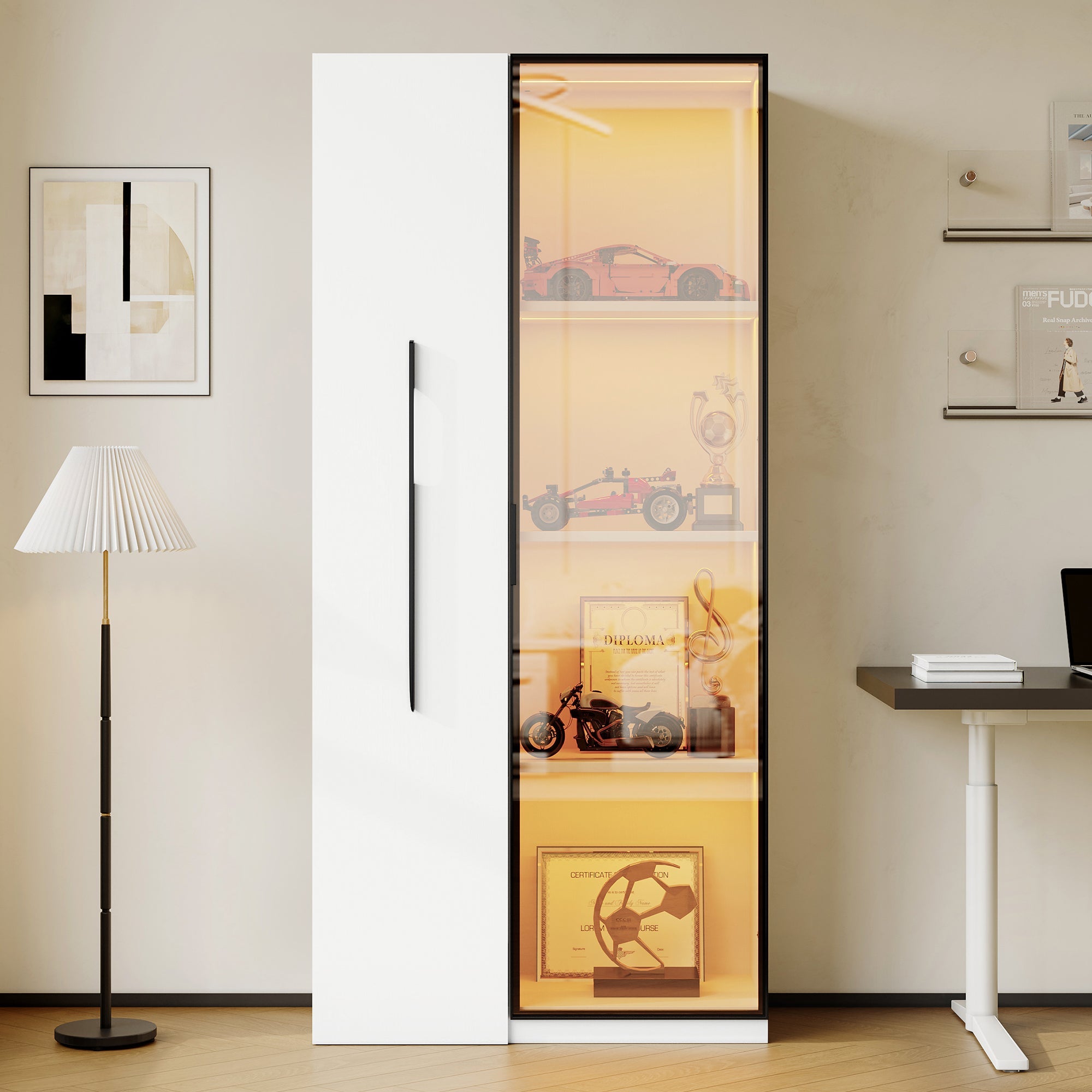 Multifunctional Cabinet 160cm Glass Doors LED Lighting, Aluminum Frame