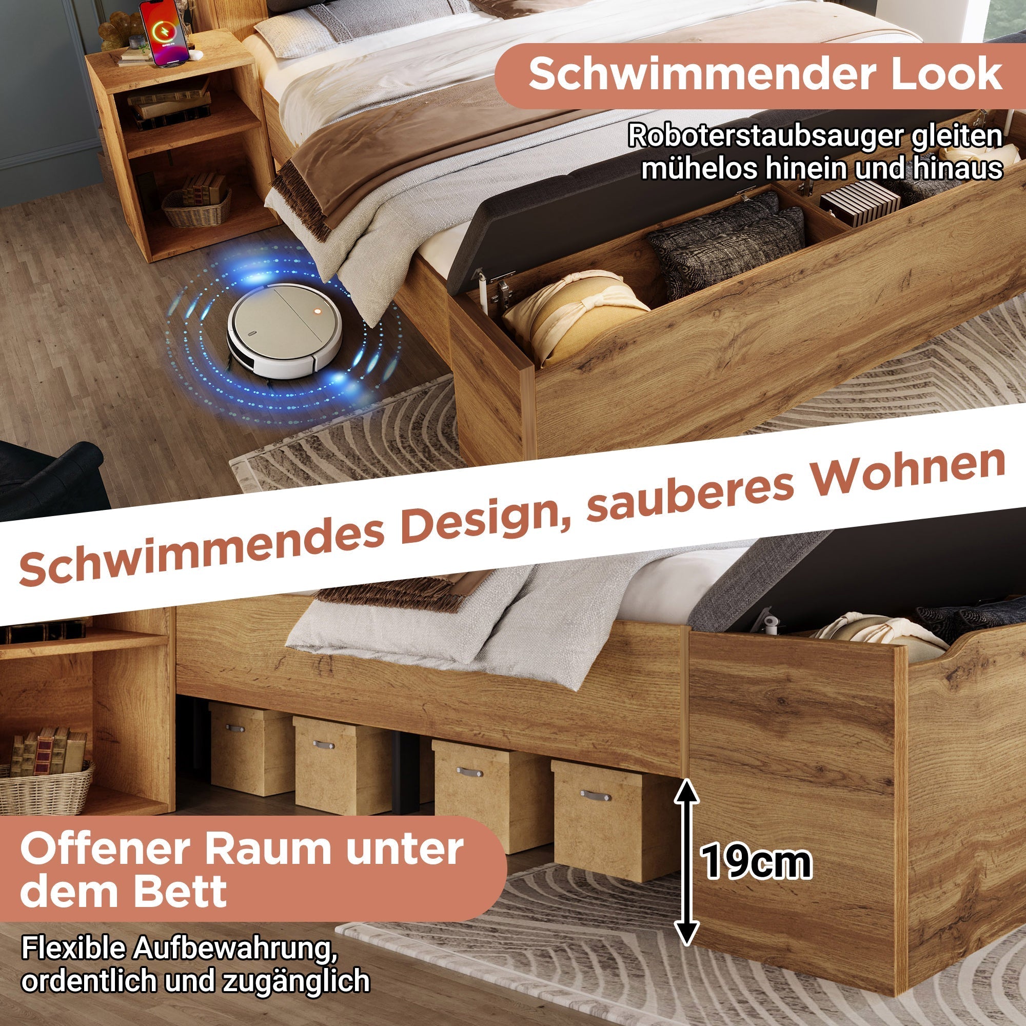 Double Bed 160x200cm Wooden Storage Fold-Down Linen Headboard USB & Bench - Oak