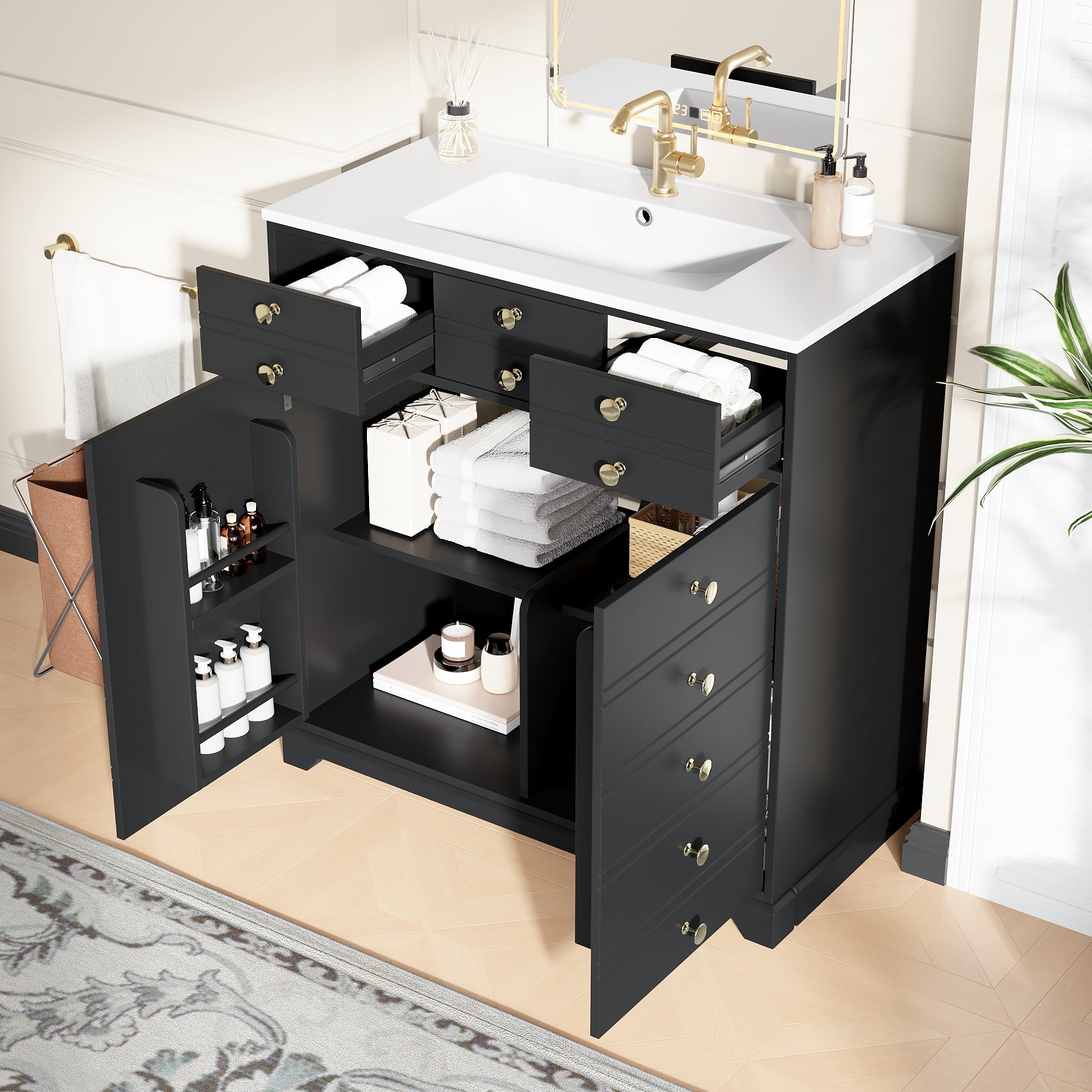 Bathroom Vanity Unit with Ceramic Sink and Storage Drawers, Black and Gold
