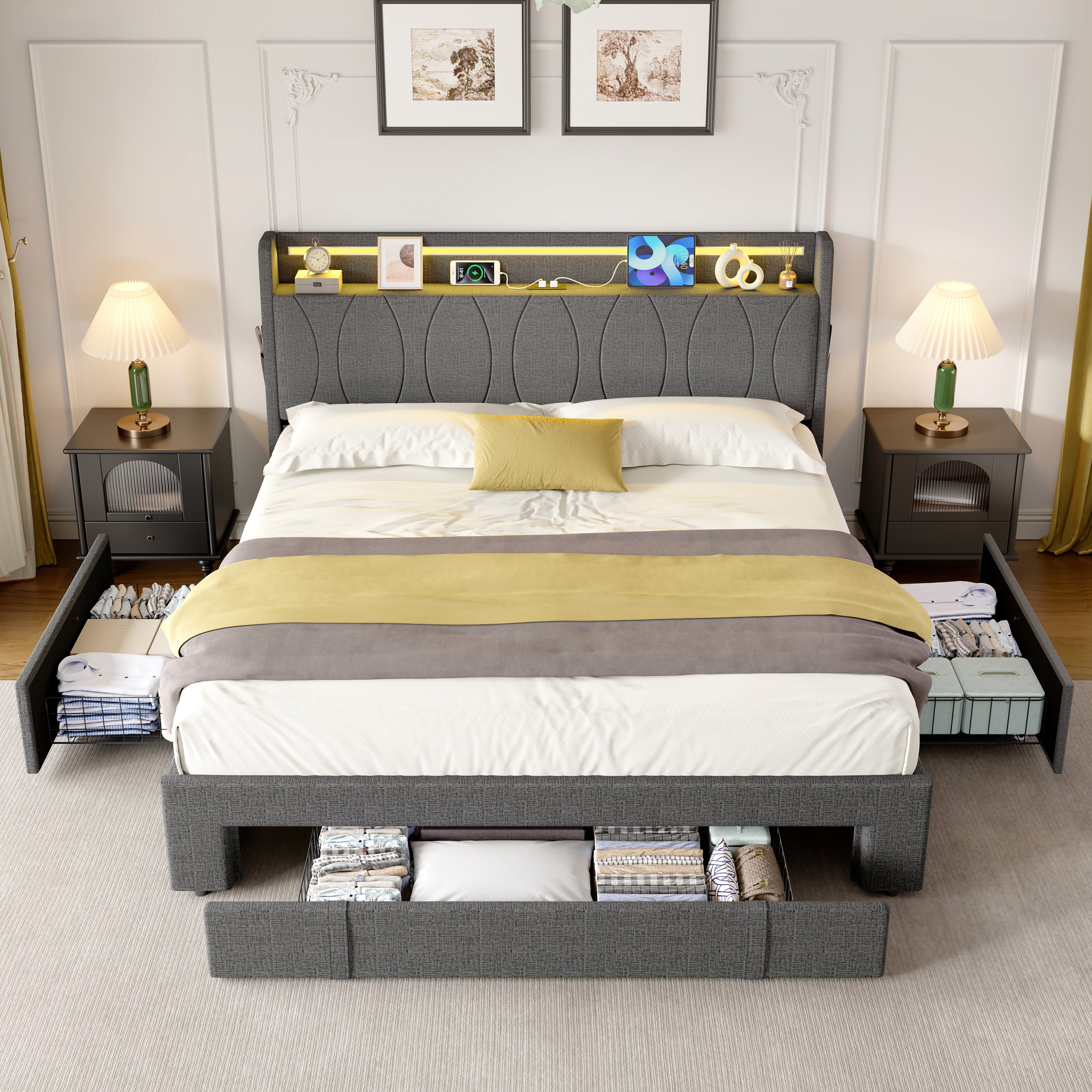 4ft6 Double Upholstered Bed, 3 Storage Drawers LED Headboard Charging Station, Linen Grey
