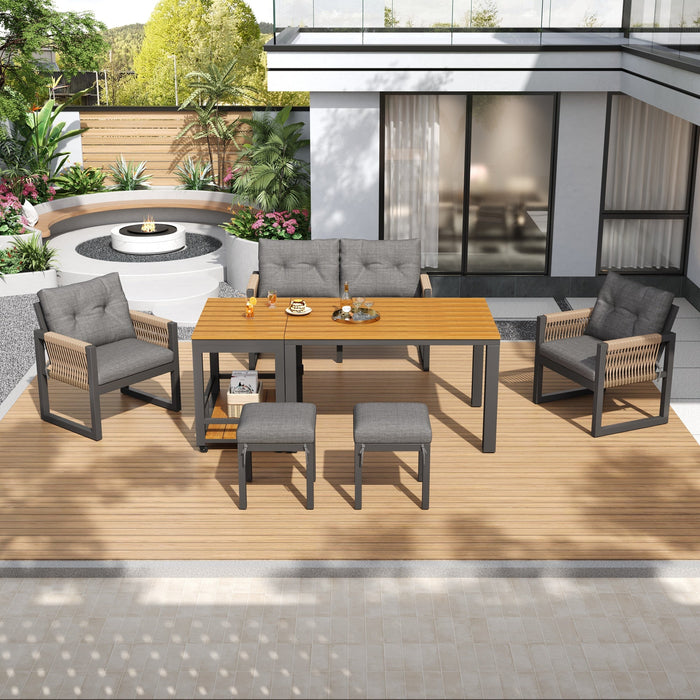 Outdoor Sofa Set with Woven Armrests, Cushions and Multifunctional Table, Iron Frame