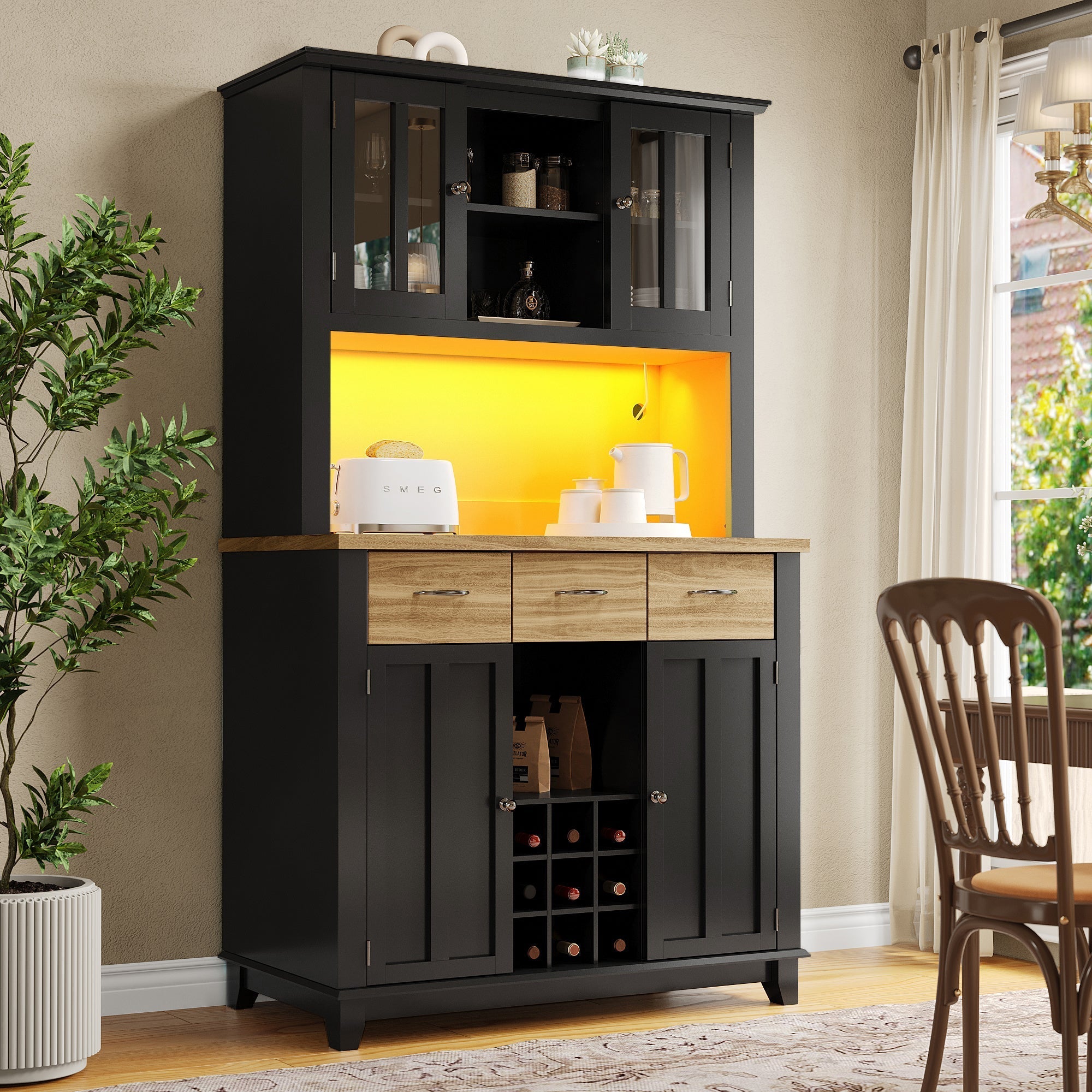 Kitchen Tall Cabinet 106cm Adjustable Shelves LED - Wood Drawers