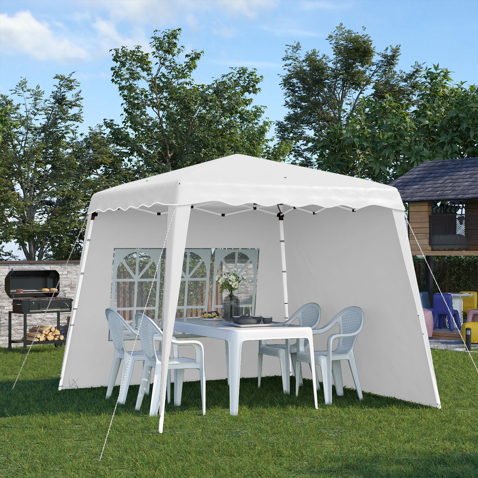 Folding Gazebo, 2.4 x 2.4m, Side Wall, Height-Adjustable, UV Protection, White