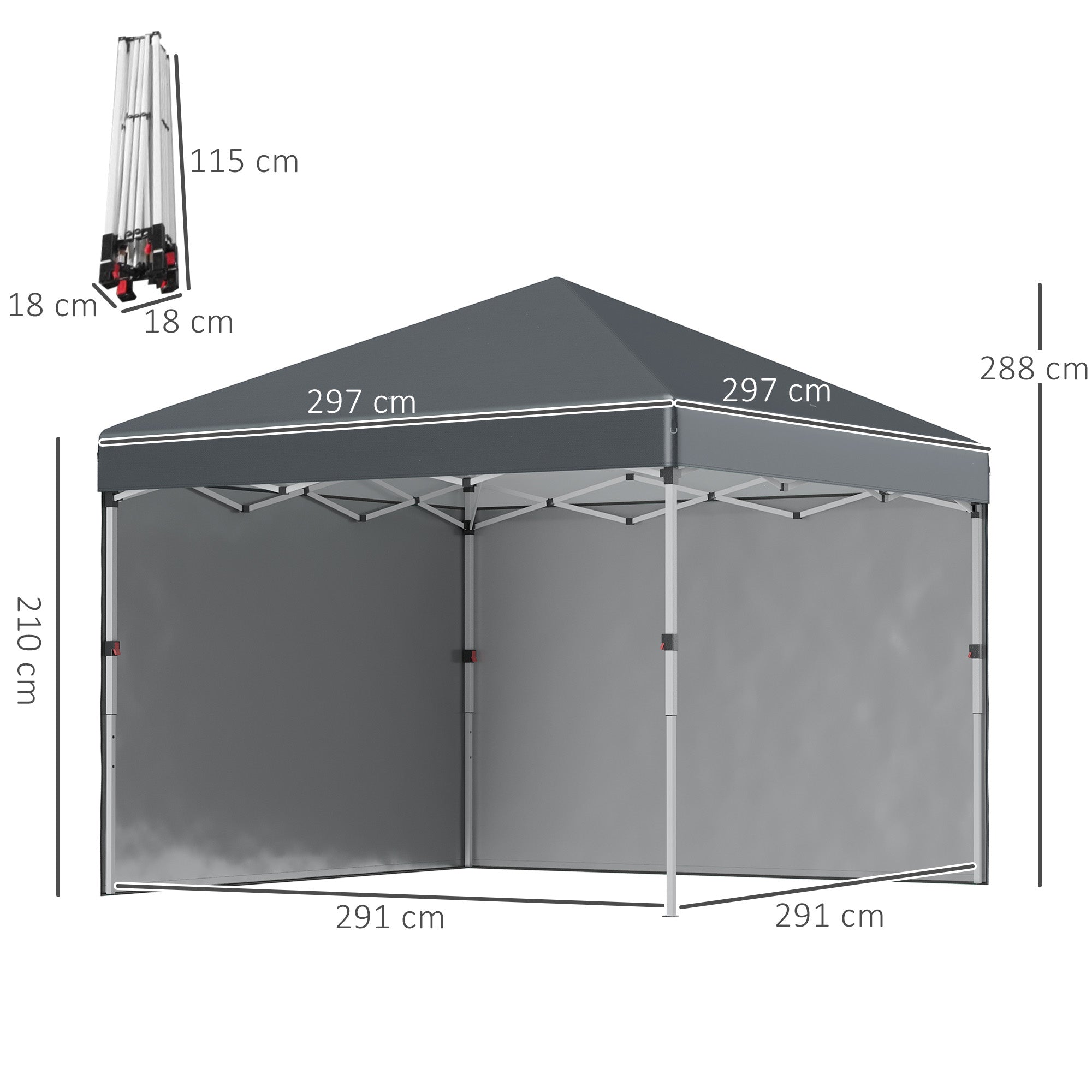 Folding Pavilion 2.97x2.97m with Sidewalls, UV Protection, Sandbag - Dark Grey Steel