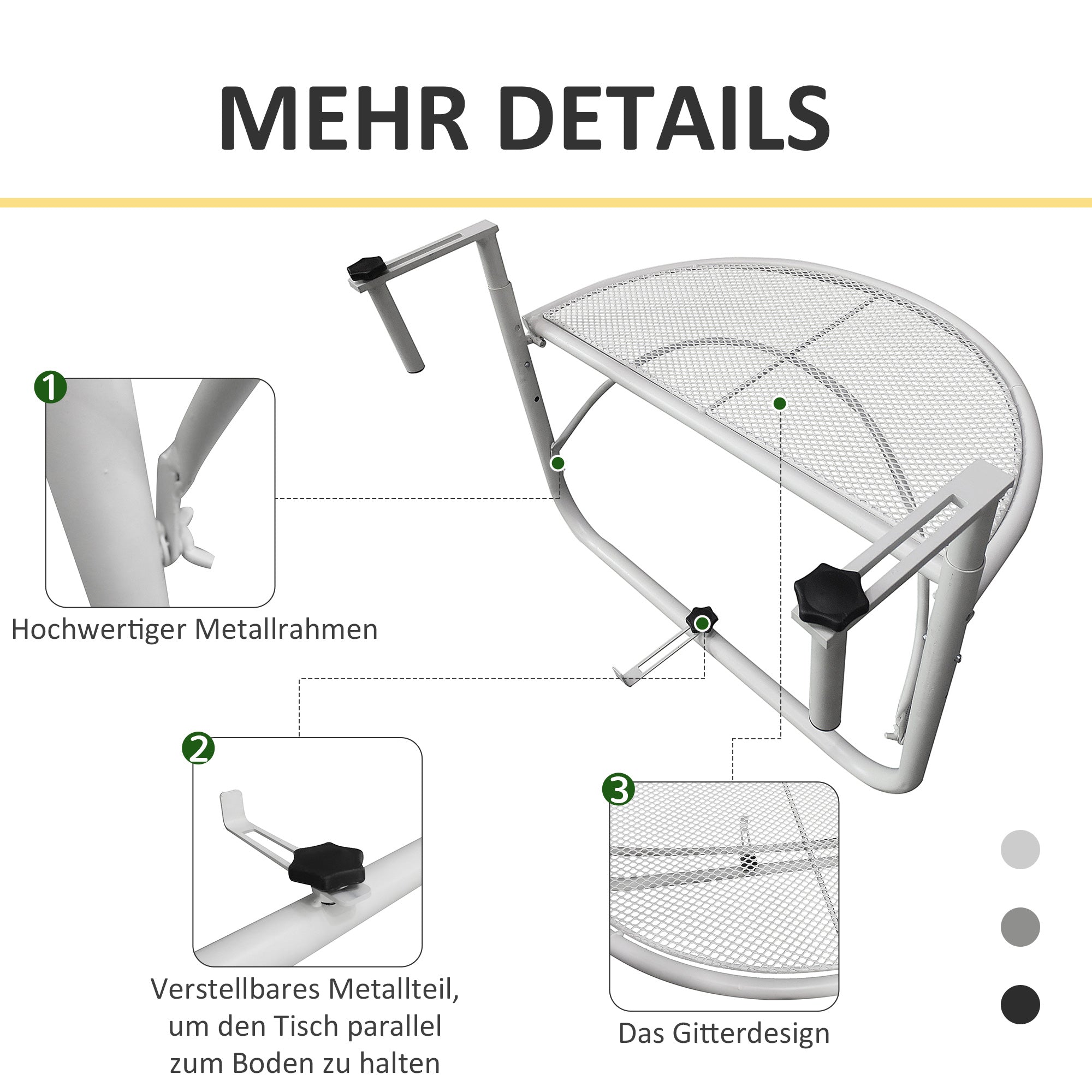 Balcony Hanging Table, Adjustable Semi-Circular Garden Table, Metal White