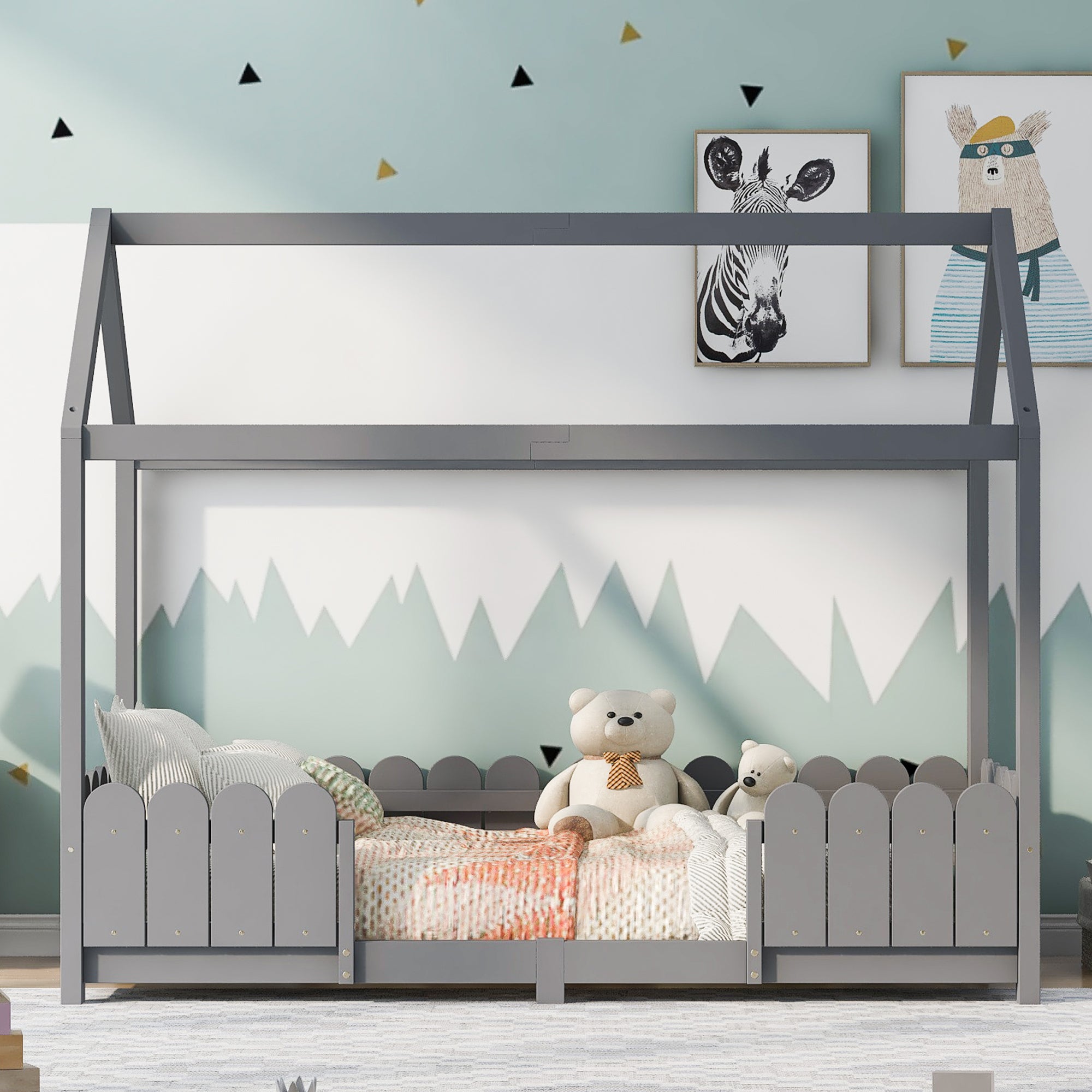 House Bed 90x200cm Versatile Children's Bed with Fall Protection and Slatted Frame, Grey