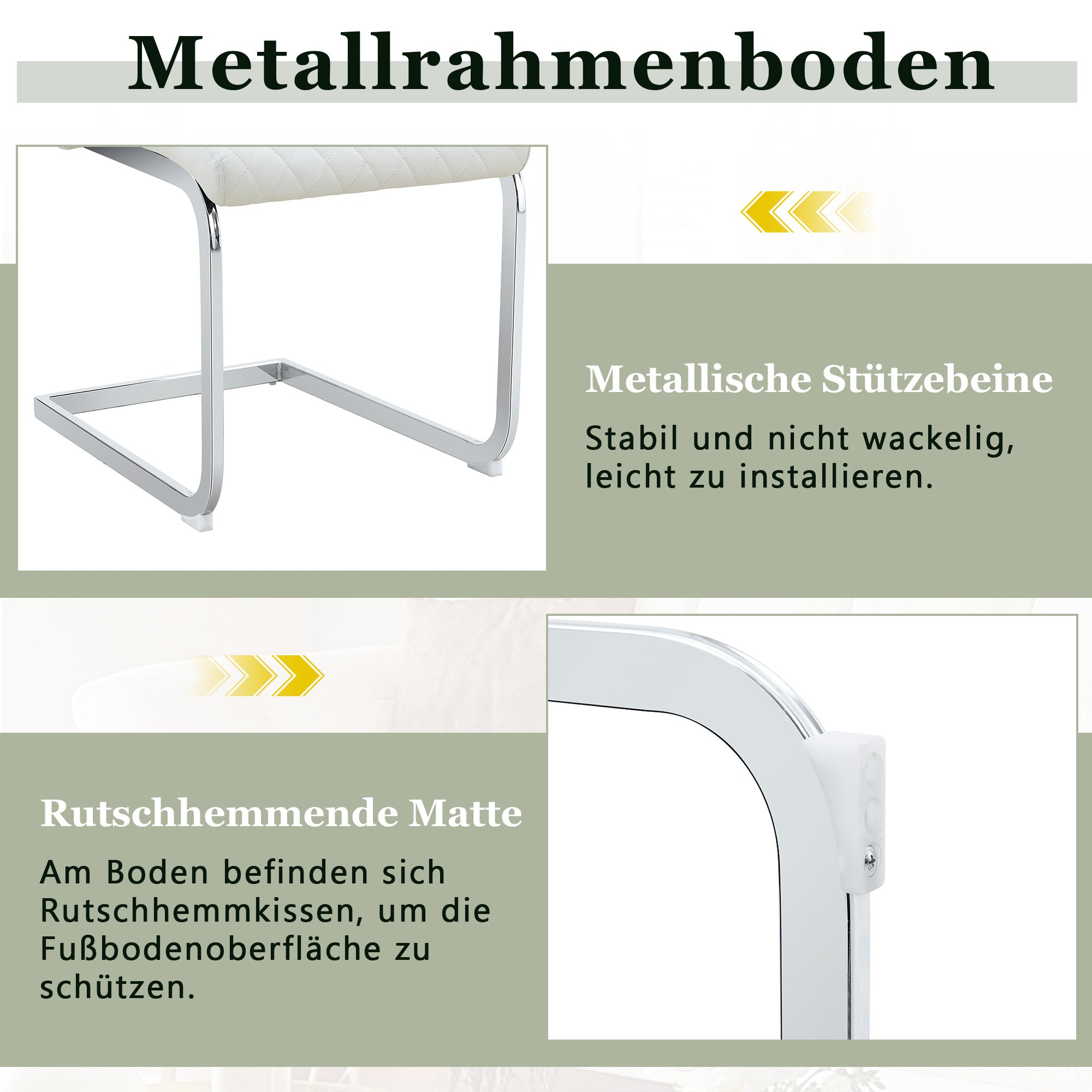 Dining Chair Set of 2 with High Backrest and Padded Seat, White PU Leather and Silver Metal