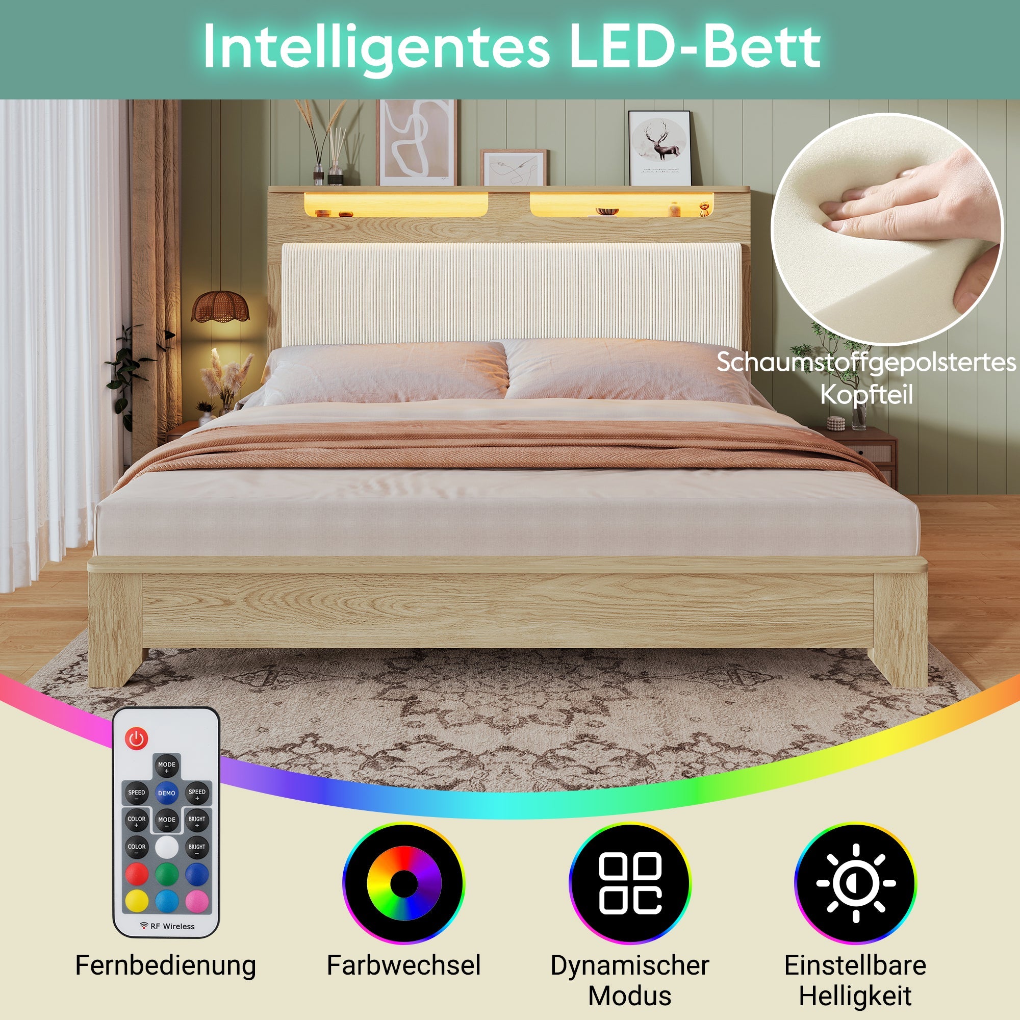 Double Wooden Bed, 160x200cm LED Headboard with Storage, Light Oak