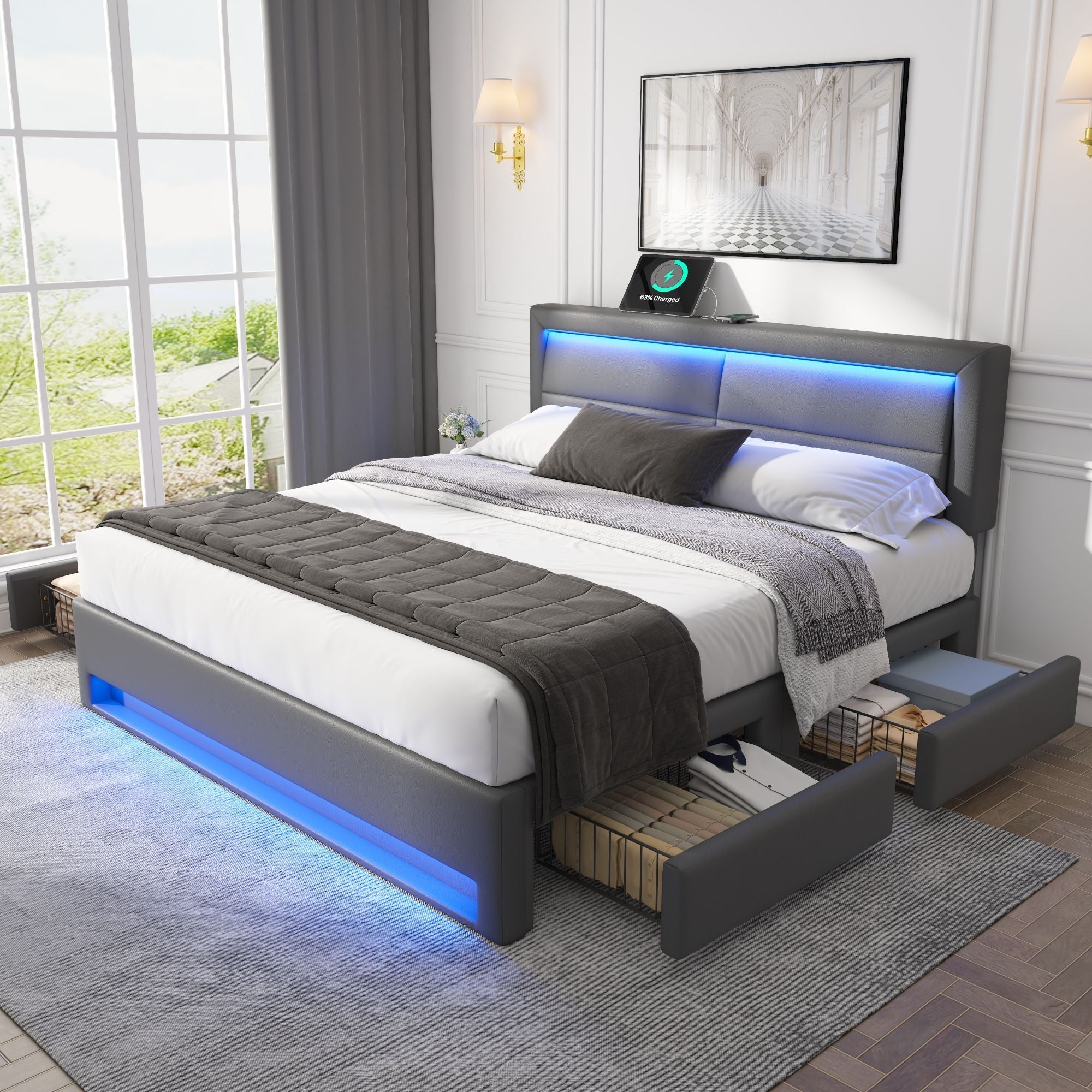 Upholstered Bed 160x200cm USB LED 4 Drawers - Grey PU