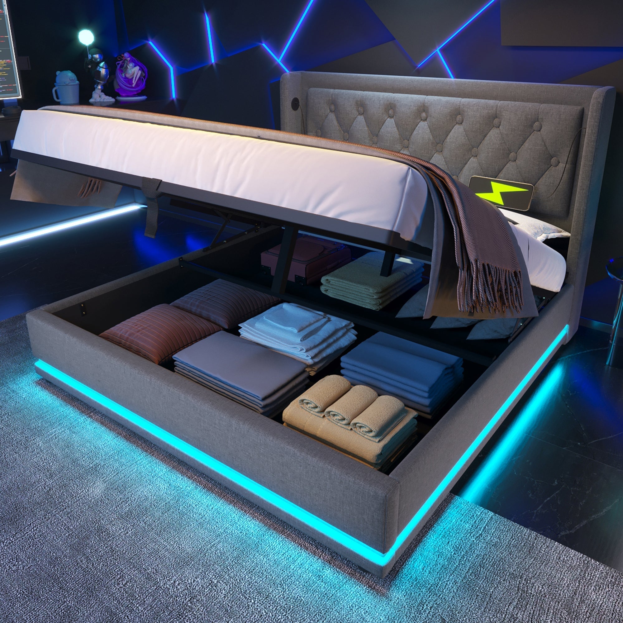Upholstered Bed, Double with Hydraulic Storage & LED, Gray Cotton