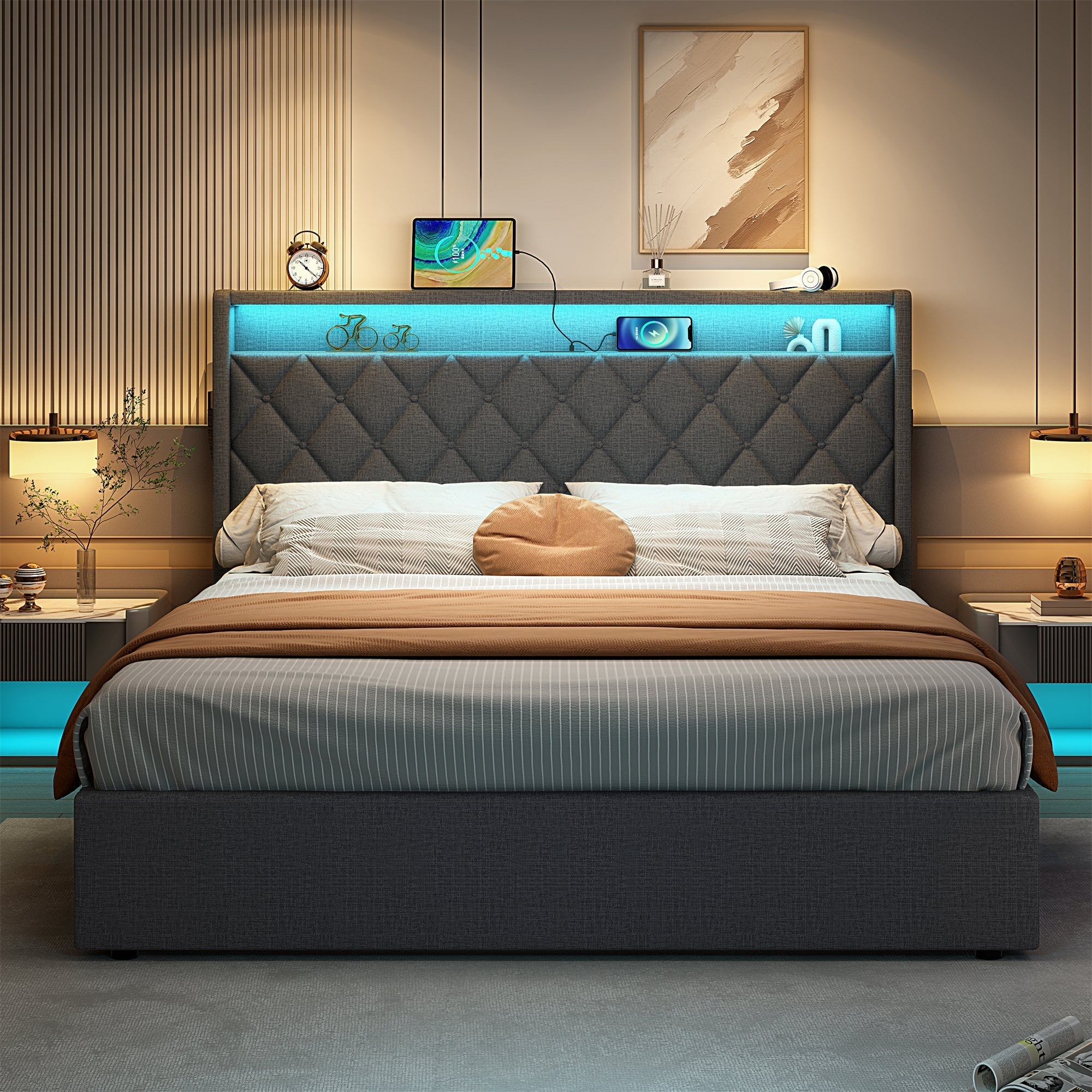 4ft6 Double Upholstered Bed Frame, Hydraulic Storage LED Headboard Charging Station, Linen Grey