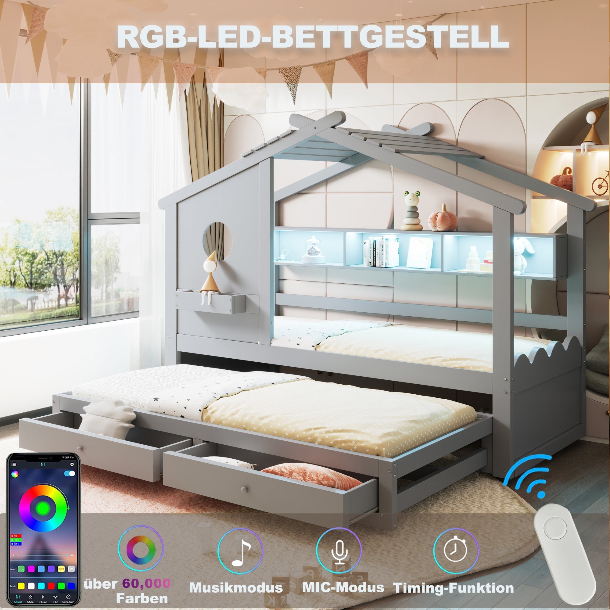 Children's Bed with Pull-out Bed, House Design, Two Drawers, LED and USB, 90x200cm, Grey