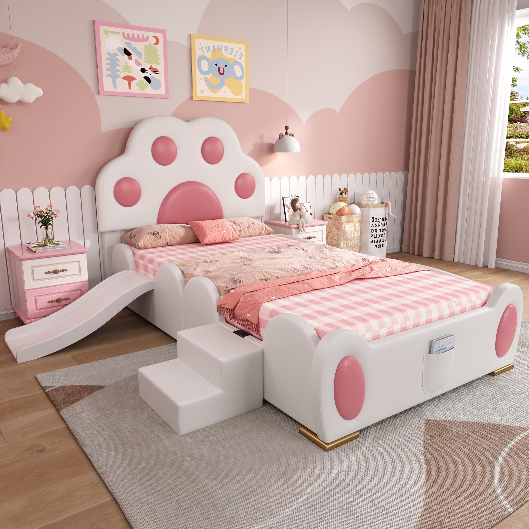 Upholstered Bed, Children's Cat Paw Headboard with Slide & Ladder, PU White + Pink