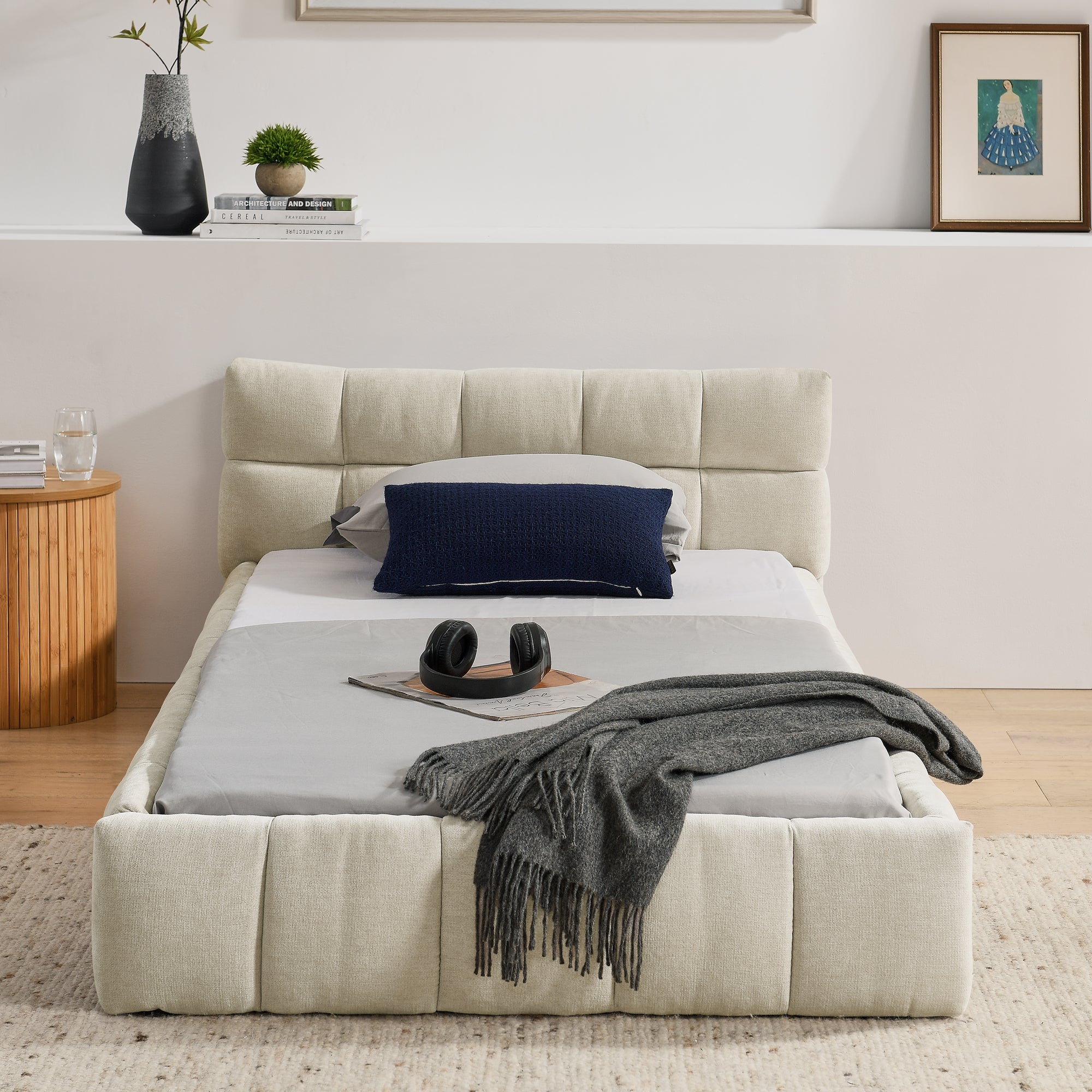 Single Bed 90x200cm Eucalyptus Wood Frame, Chenille Beige