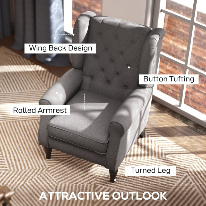 Retro Accent Chair Wingback Armchair Wood Frame Button Tufted Linen, Dark Grey