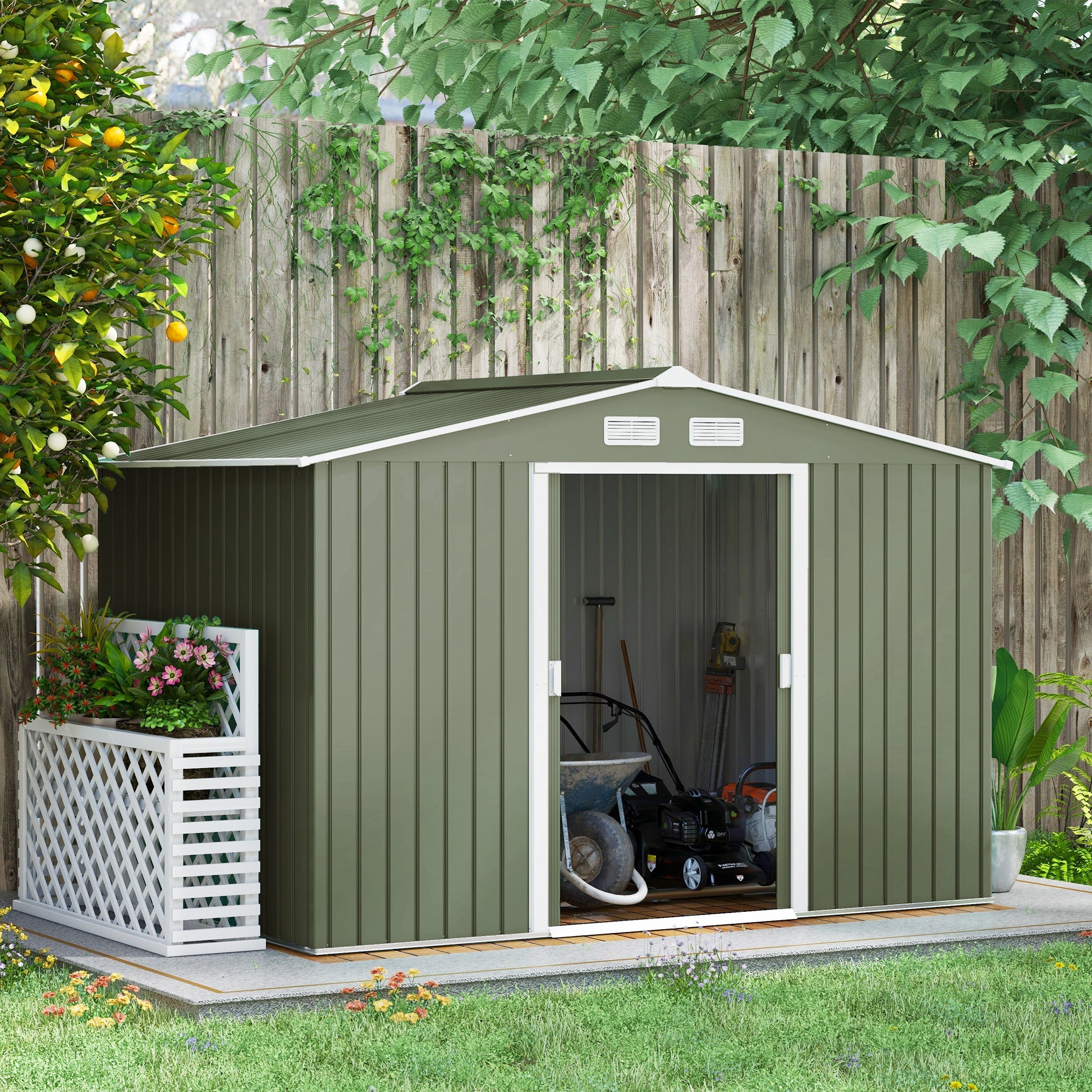 9 x 6ft Garden Shed, Outdoor Tool House Double Doors Ventilation, Light Green Metal